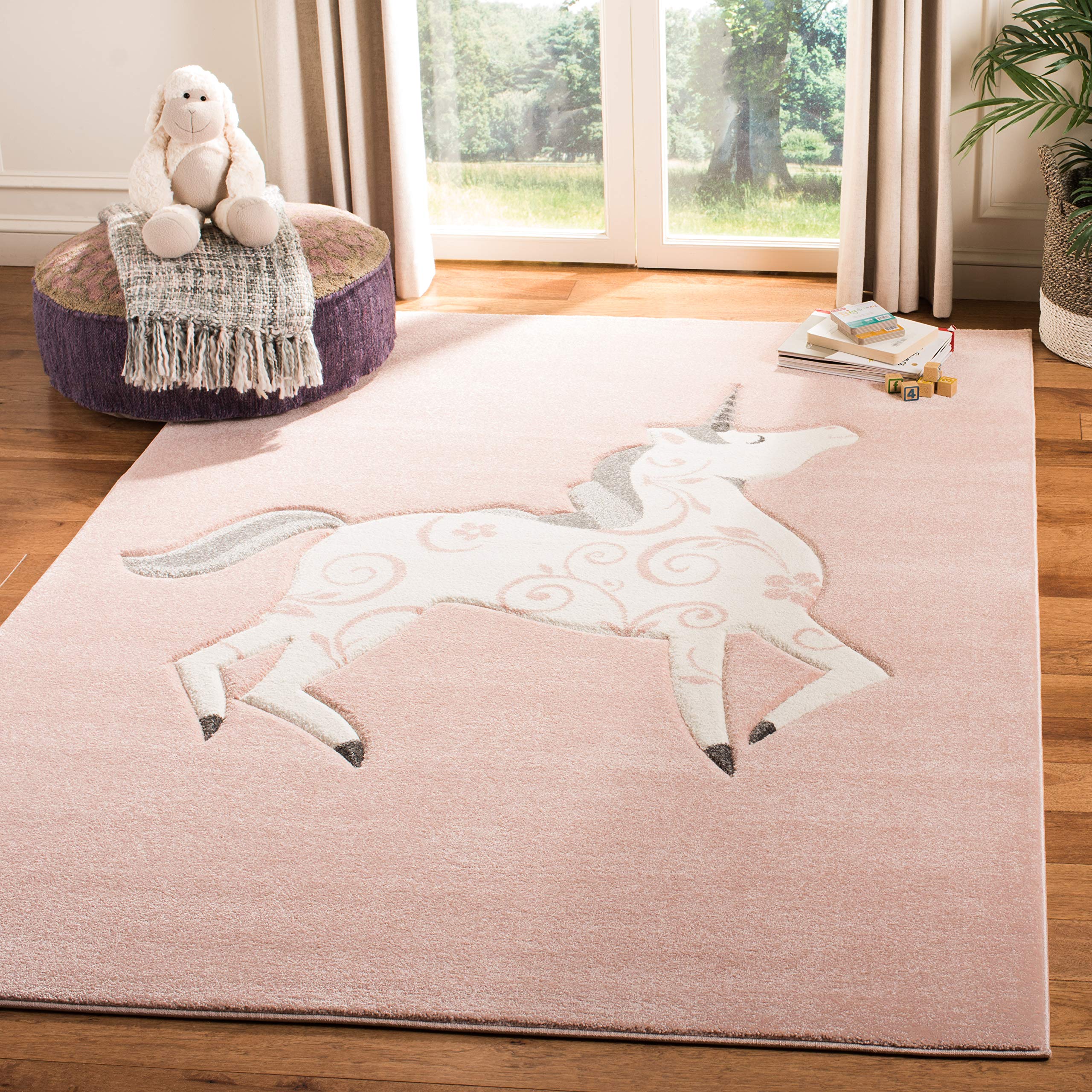 Carousel Kids Collection 6'7" Square Pink / Ivory CRK163P Unicorn Nursery Playroom