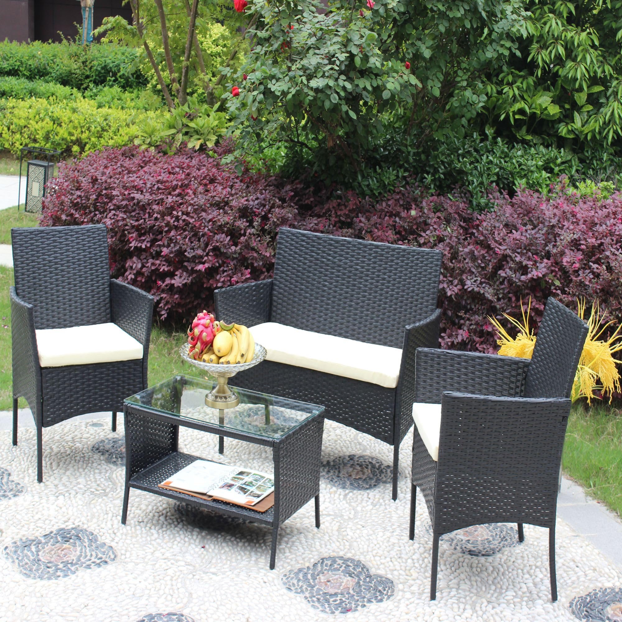 4 Piece Outdoor Rattan Furniture Set Patio Wicker Sofa Conversation Set, Outdoor Seating