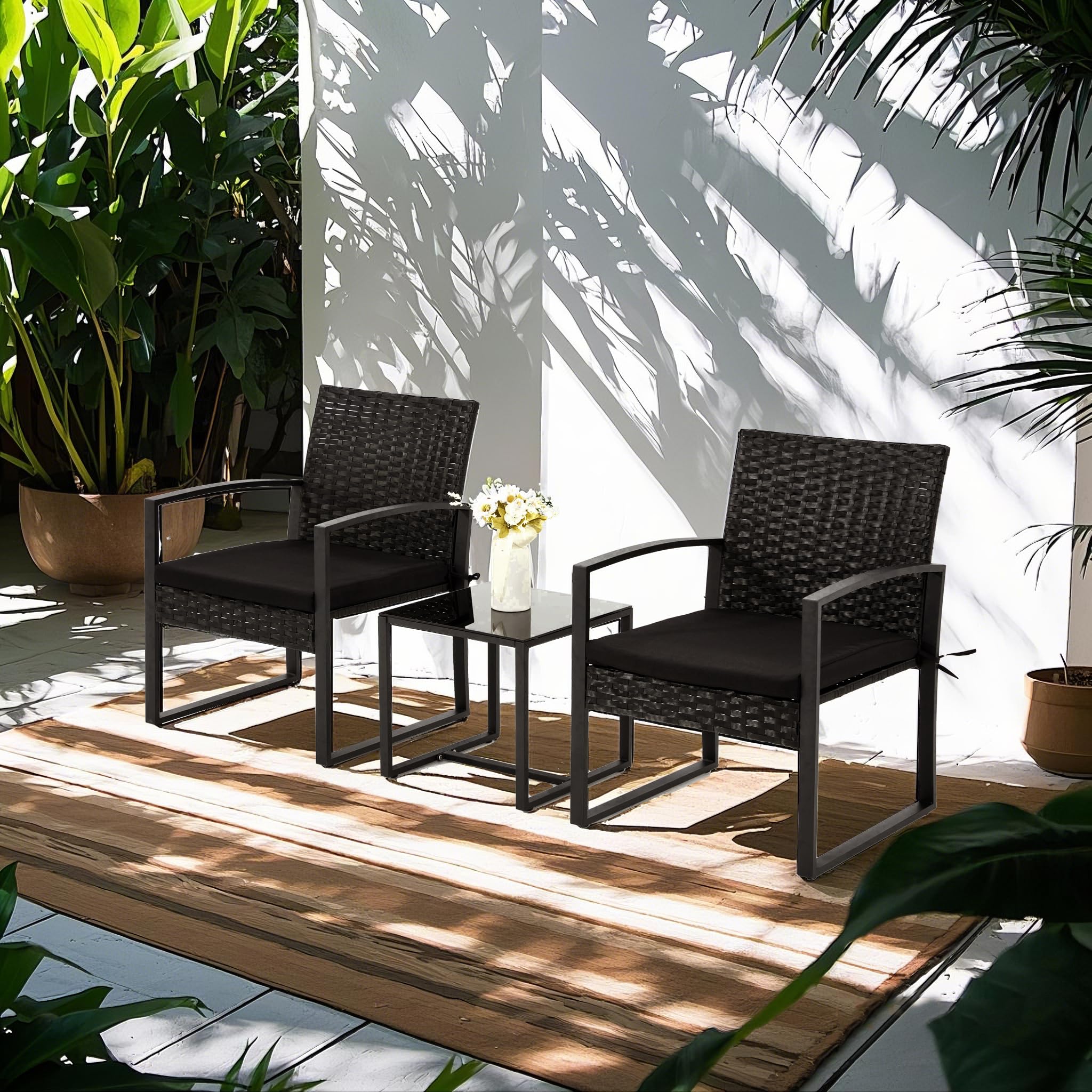 3 Pieces Patio Furniture Set, Outdoor Rattan Bistro Set with Coffee Table