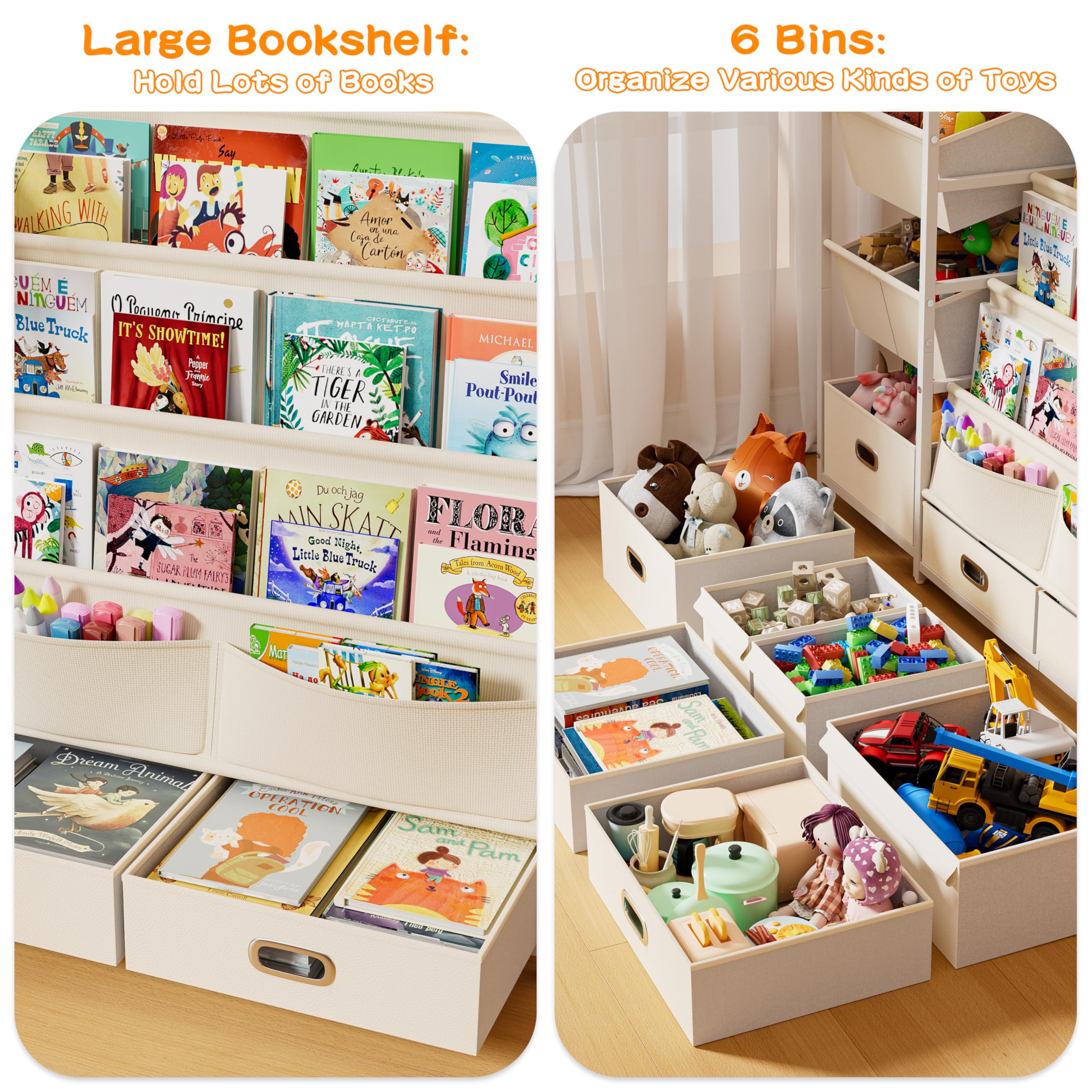 HAVLOTII Kids Bookshelf and Toy Storage - Book Shelf for Kids Rooms, Toddler Bookshelves Baby Bookcase for Nursery, Montessori Toy Organizer, 6 Toy Bins for Kids Toy Storage