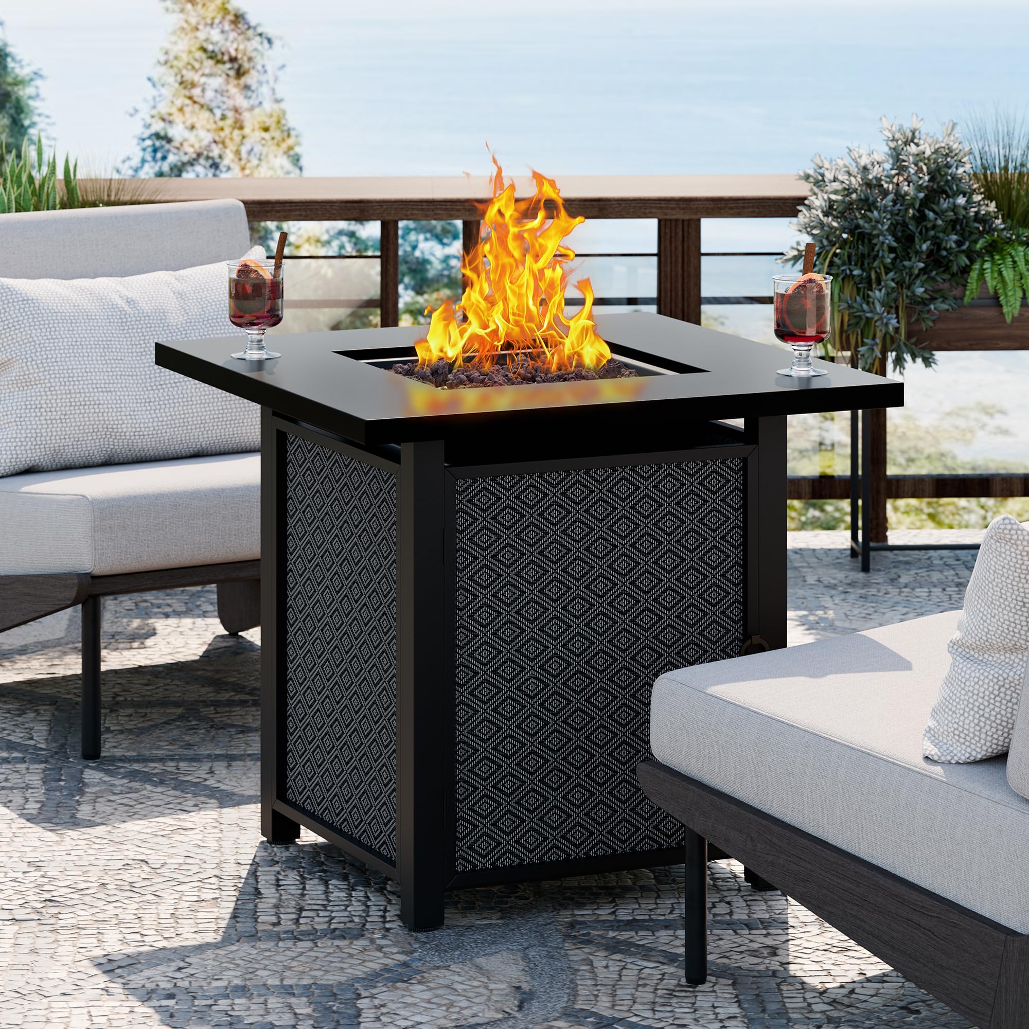 28" Propane Fire Pit Table with Rain Cover, Diamond Pattern, for Balcony