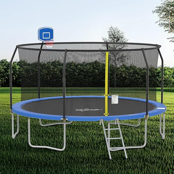 14FT Trampoline with Basketball Hoop, Outdoor Trampoline with Enclosure Net