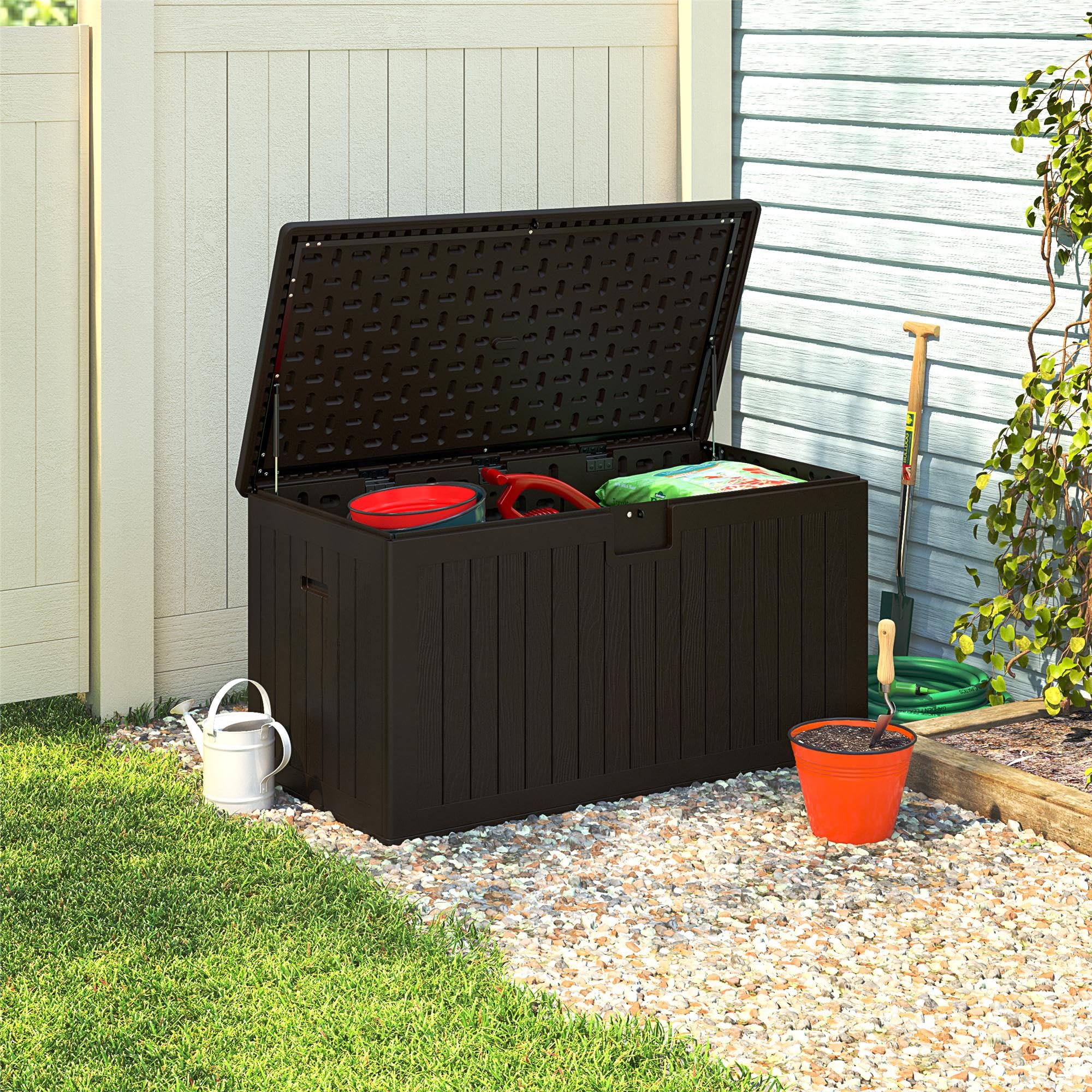 Gallon Outdoor Storage Box with Storage Divider, Weather Resistant Resin