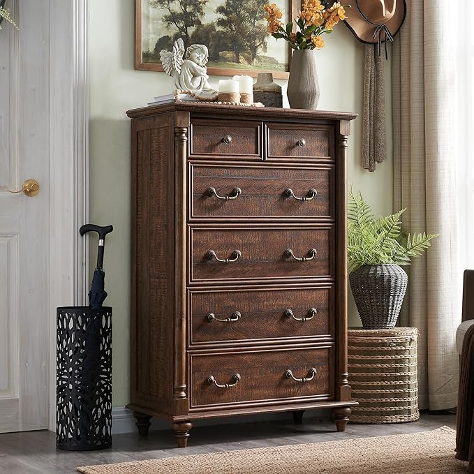 Farmhouse 7 Drawers Dresser Chests for Bedroom w/ 4 Column Solid Wood Feet