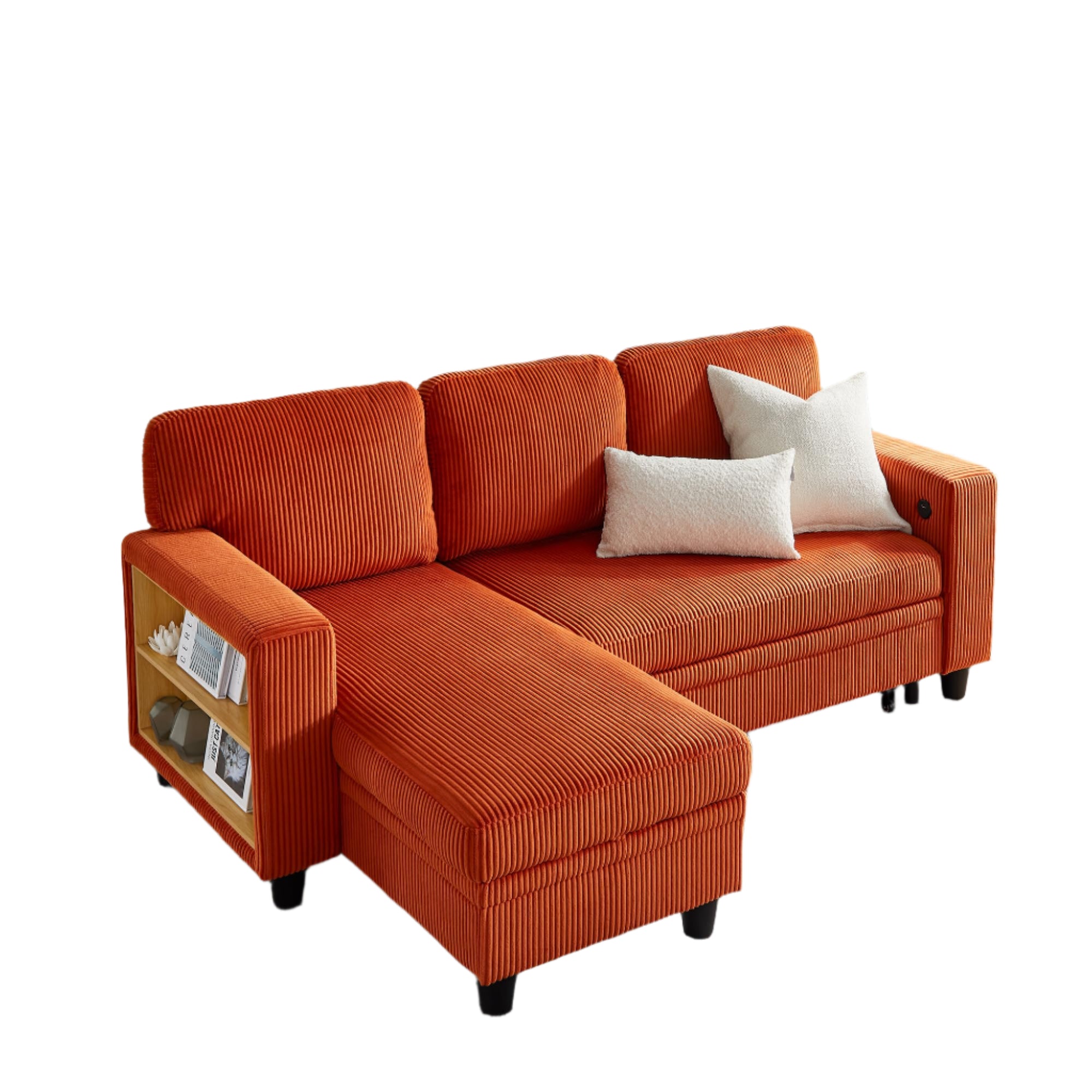 80'' Sleeper Sofa Bed,L-Shaped Sectional Corduroy Couch with Storage Chaise