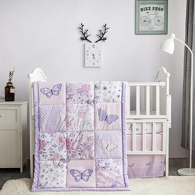 Baby Mini Crib Bedding Set for Girls, Pastel Purple Butterfly, 3 Piece Crib Set