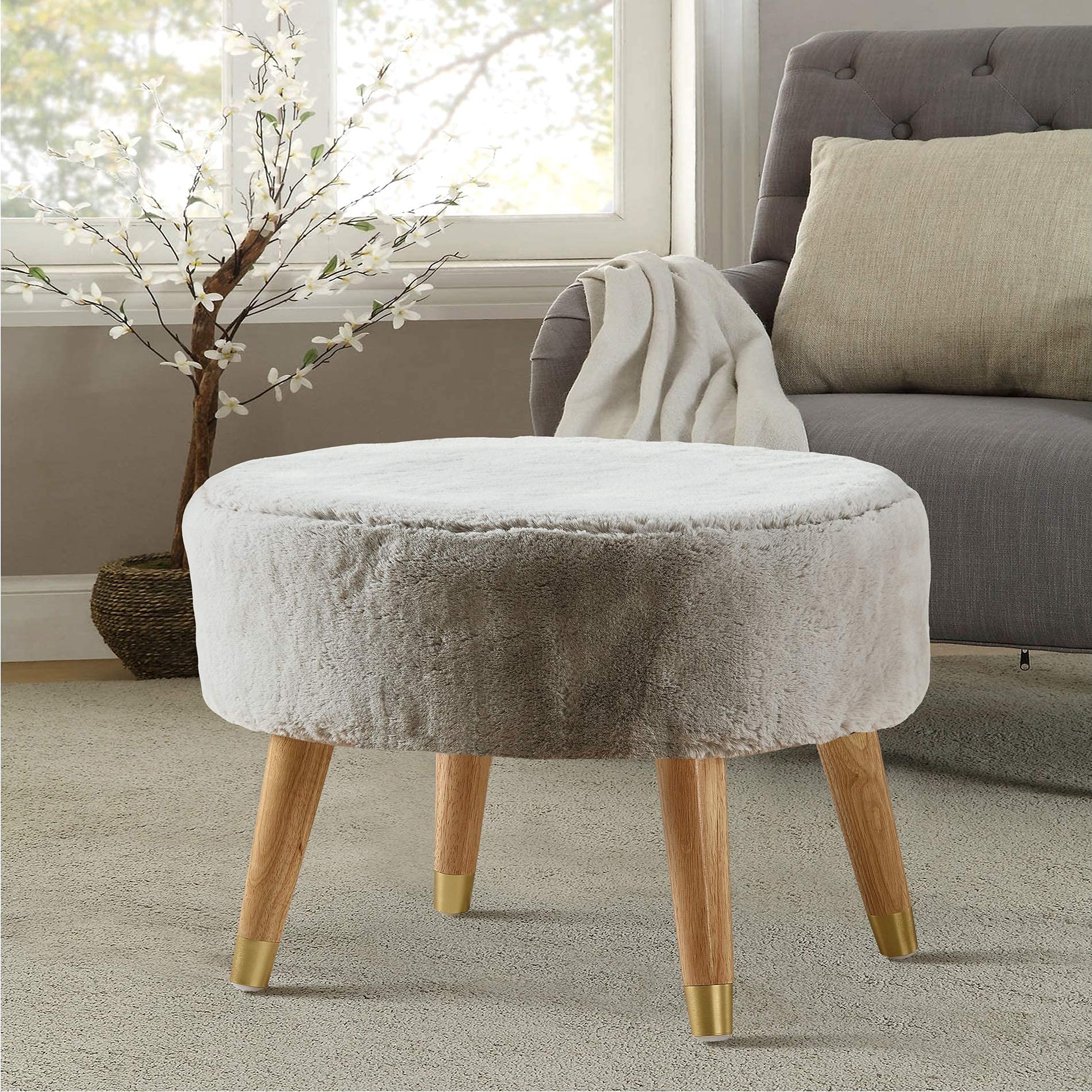 Gray Heavy Faux Fur Oval Ottoman, 22'' x 18'' x 18'',Ottomans and Poufs