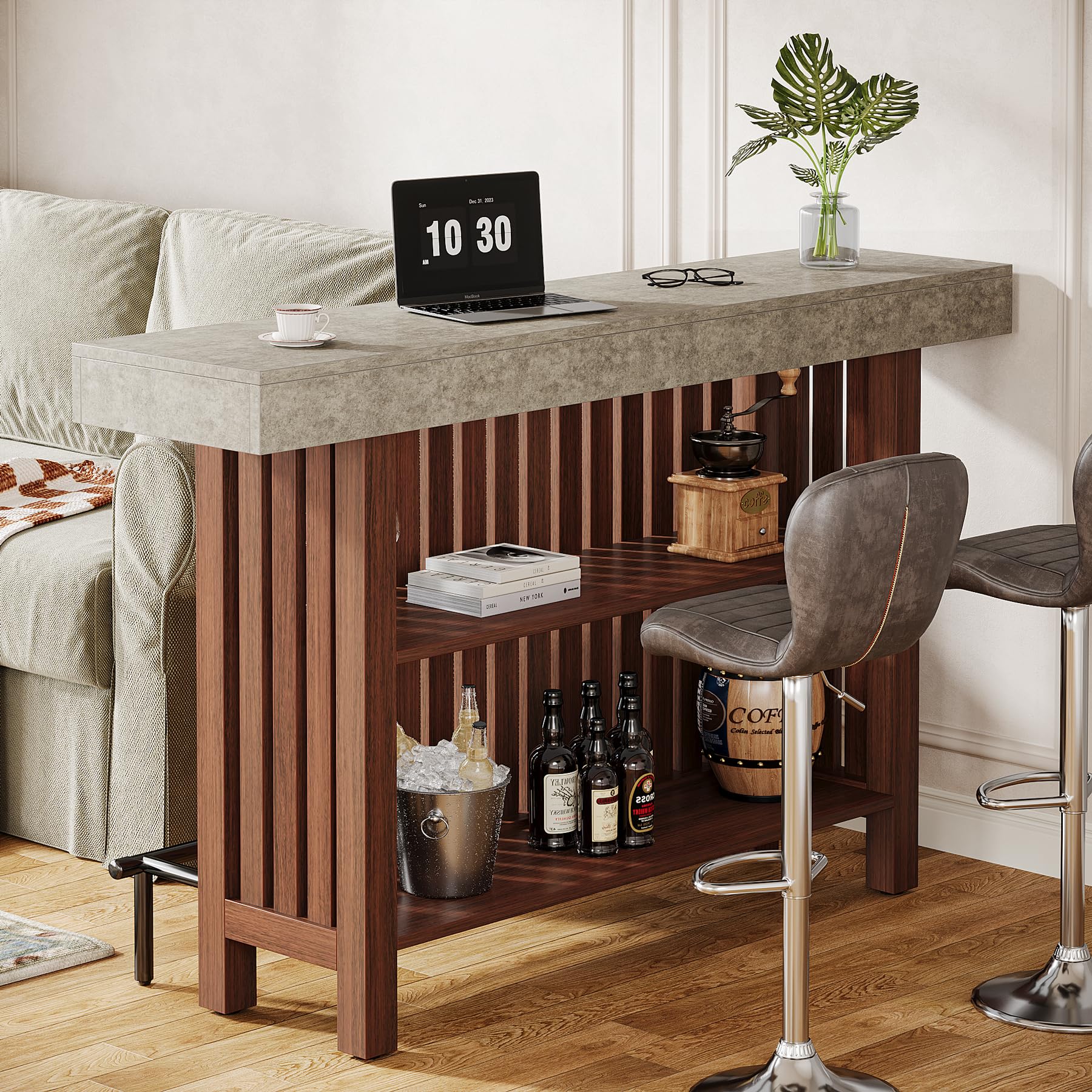63-Inch Large Home Bar Unit, 2-Tier Mini Bar Table Height Pub Table with Footrest