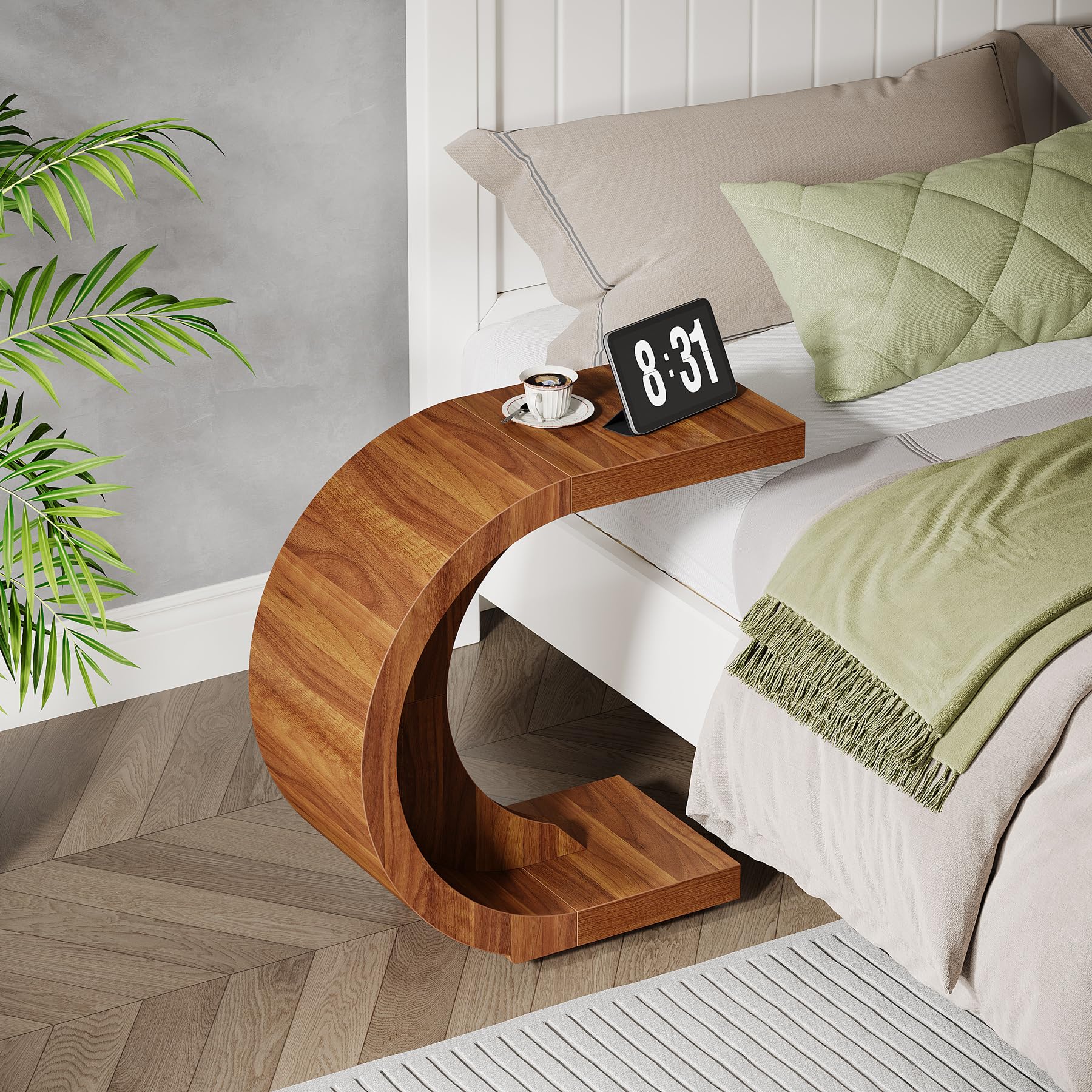 C-Shaped End Table Set of 2, Rustic Compact Side Table for Couch
