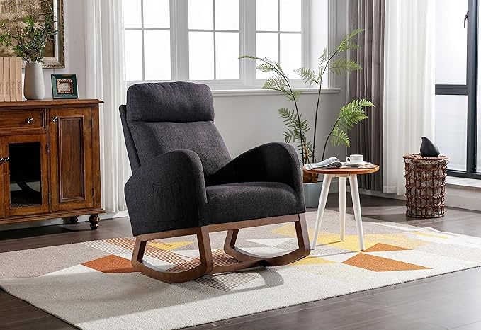 Rocking Chair Nursery, Glider Chair with High Back and Side Pocket, Solid Wood