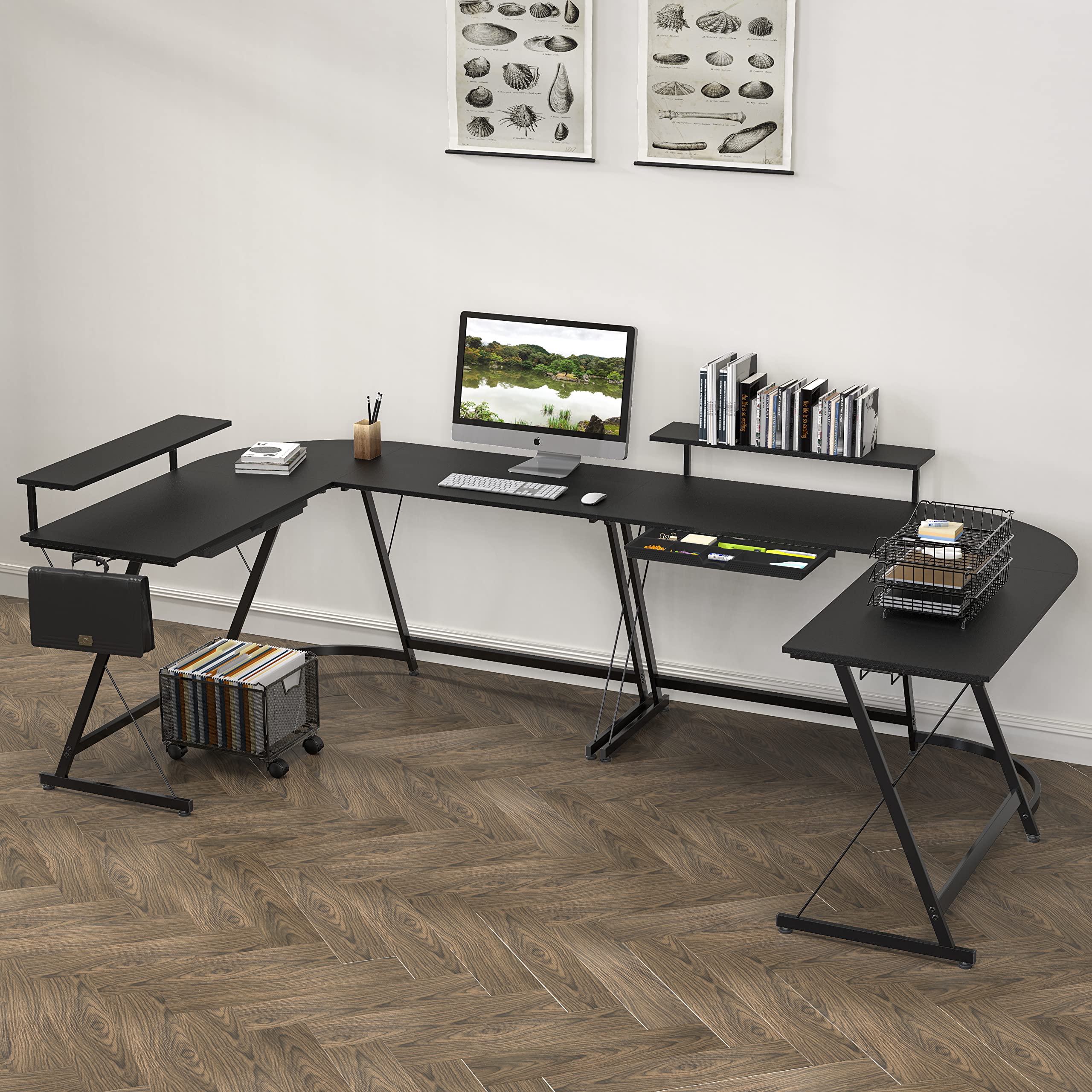 51 x 51 Inches Vista L-Shaped Desk with Monitor Stand and Drawer, Black