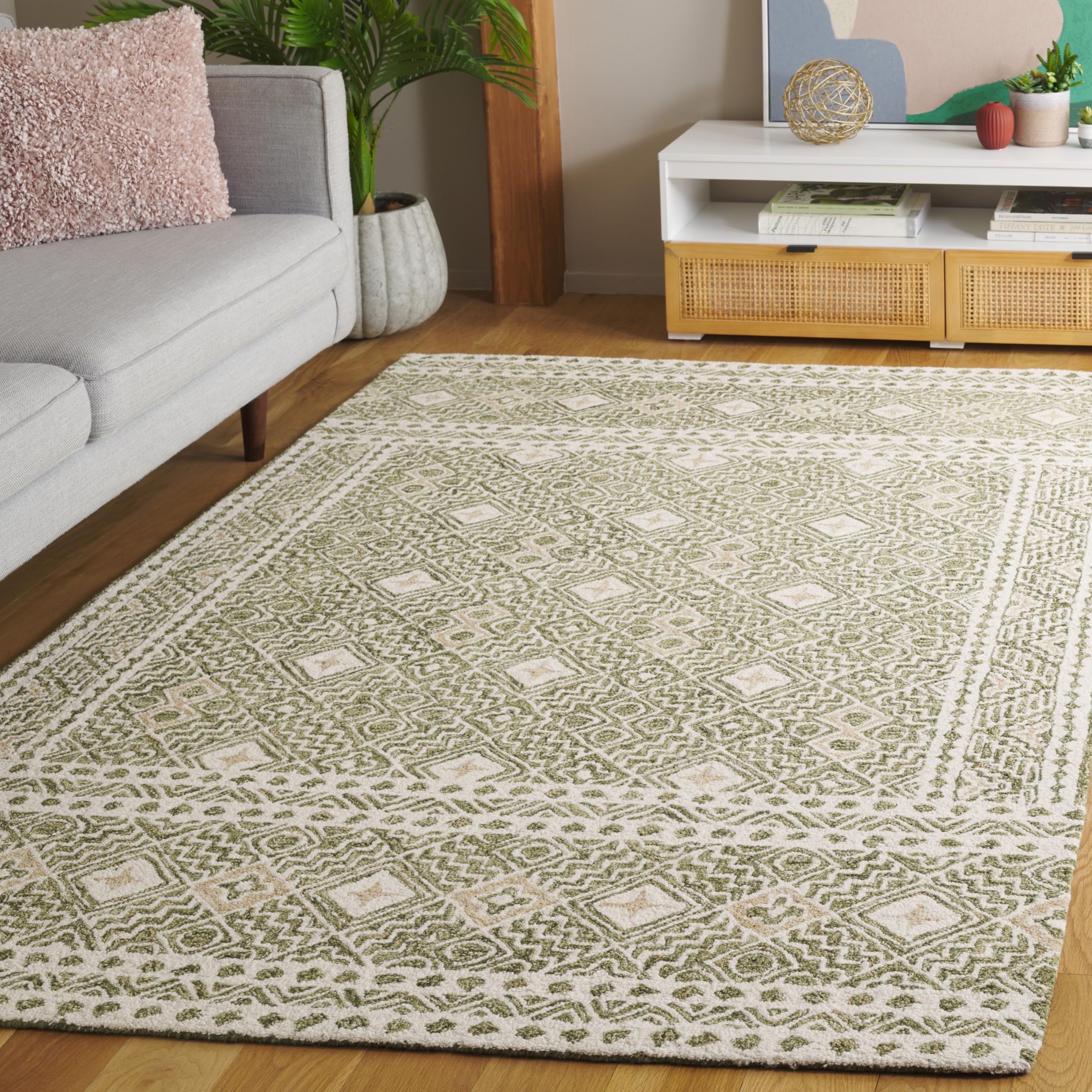 Micro-Loop Collection Area Rug - 5' x 8', Green & Ivory, Handmade Wool