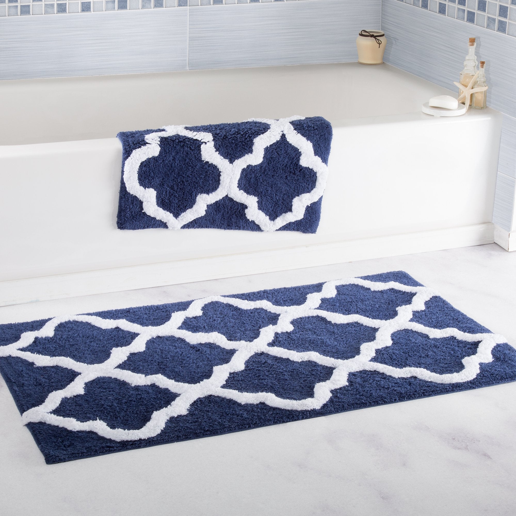 100% Cotton 2 Piece Trellis Bathroom Mat Set - Navy