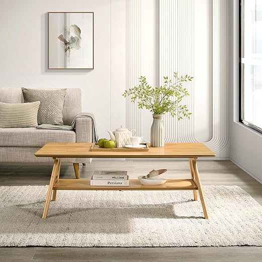 Arona Mid-Century Modern Wood Shelf Coffee Table, Off-White Finish