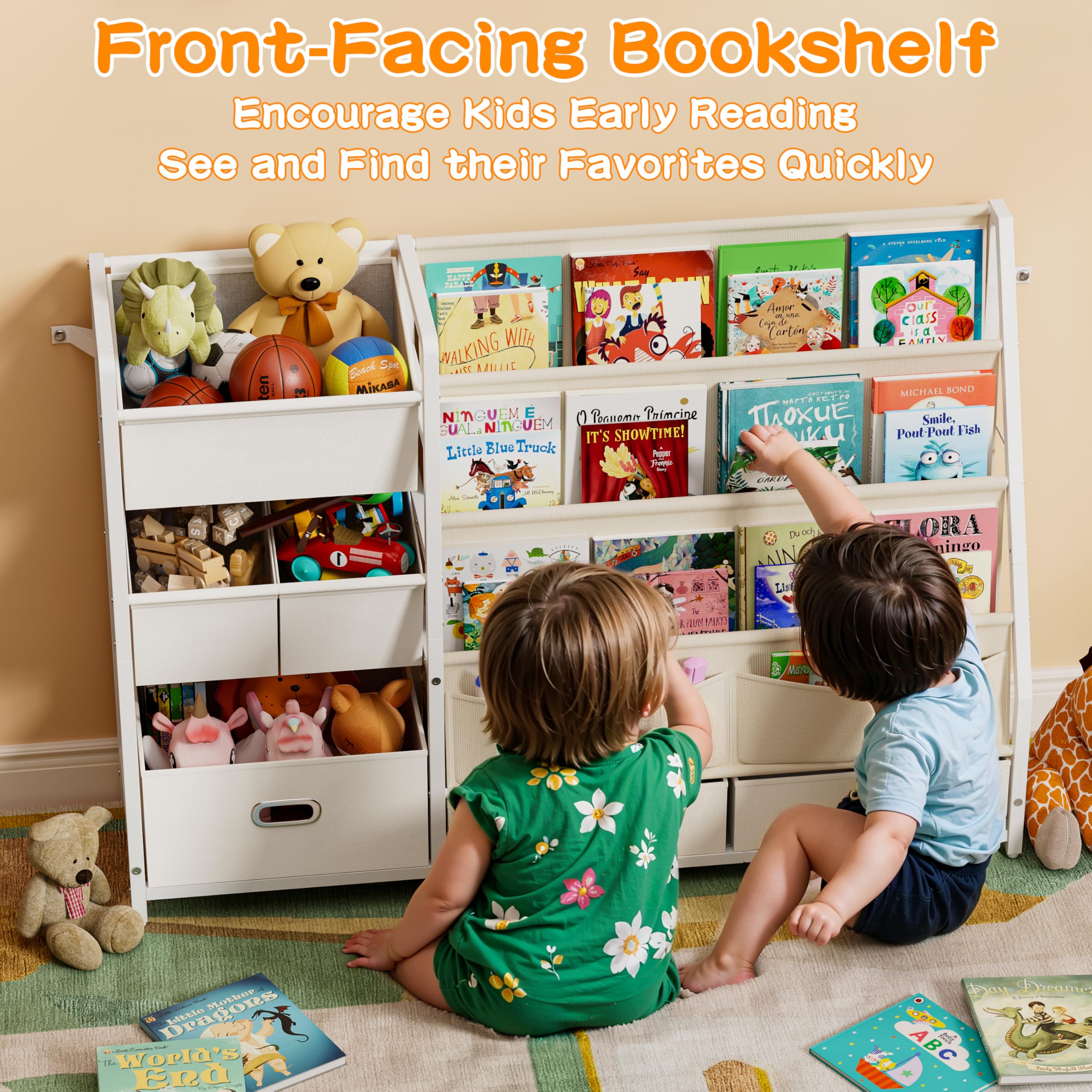 HAVLOTII Kids Bookshelf and Toy Storage - Book Shelf for Kids Rooms, Toddler Bookshelves Baby Bookcase for Nursery, Montessori Toy Organizer, 6 Toy Bins for Kids Toy Storage