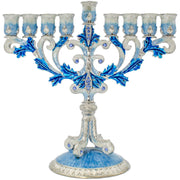 Enameled Metal Menorah with Jeweled Accents (Hand-Painted Enamel Menorah Blue/White/Silver)