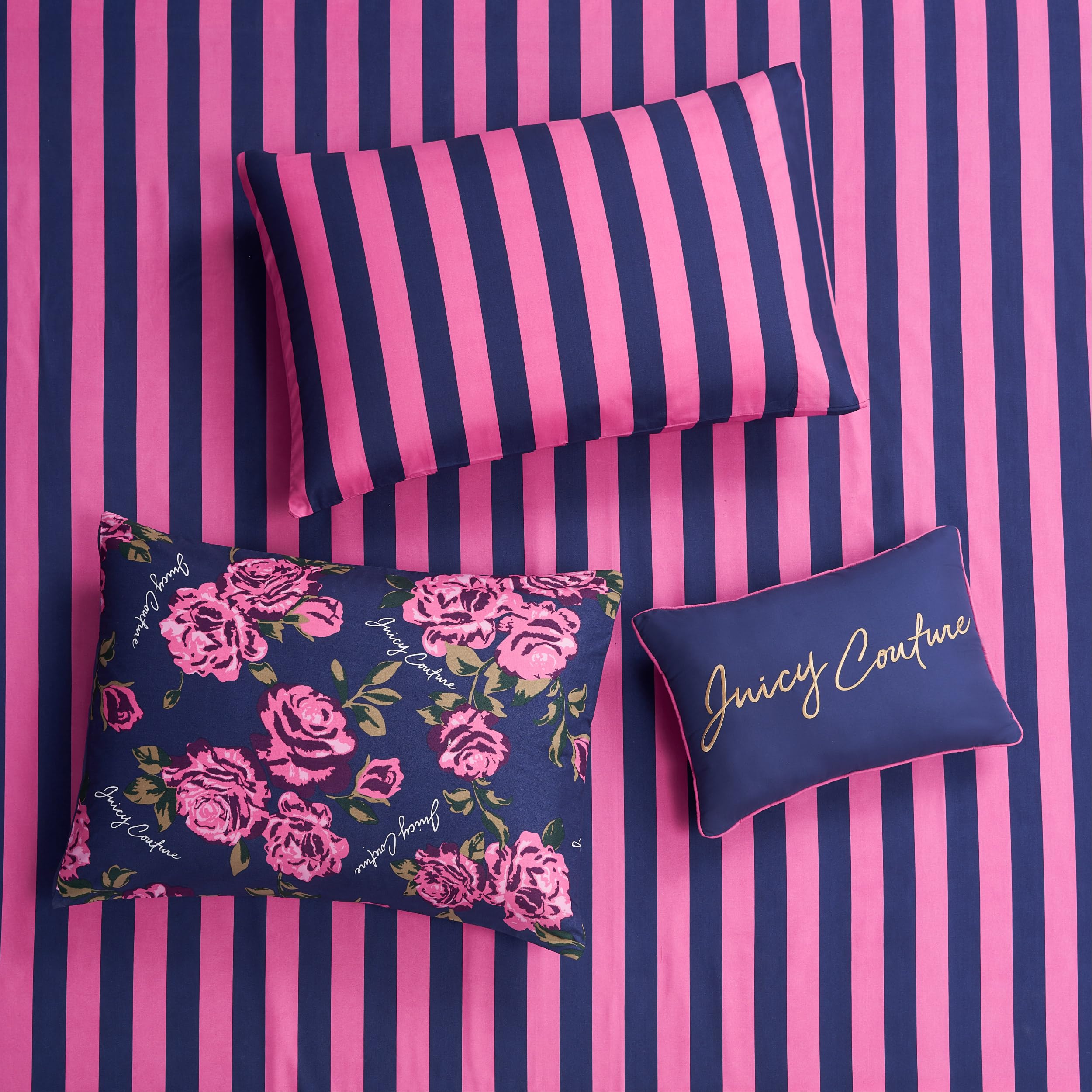 Rose Logo Twin Comforter Set, Navy/Pink – 6-Piece Complete Bed in a Bag