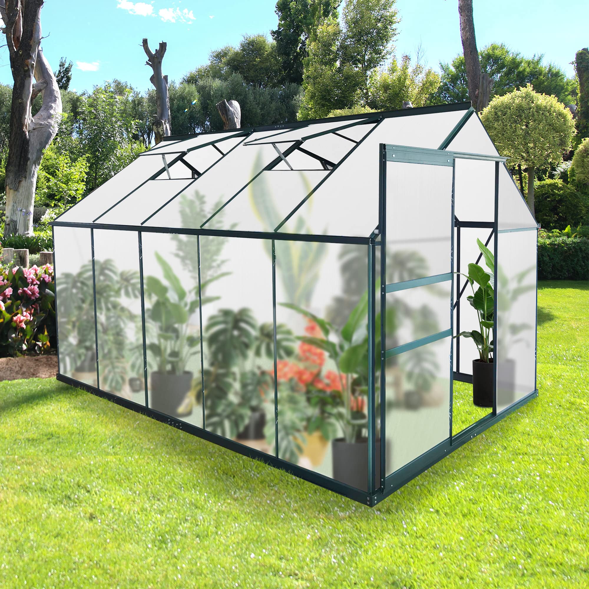 6'X 10' Walk-in Greenhouse, Polycarbonate Greenhouse with Sliding Door, 2 Vent Window