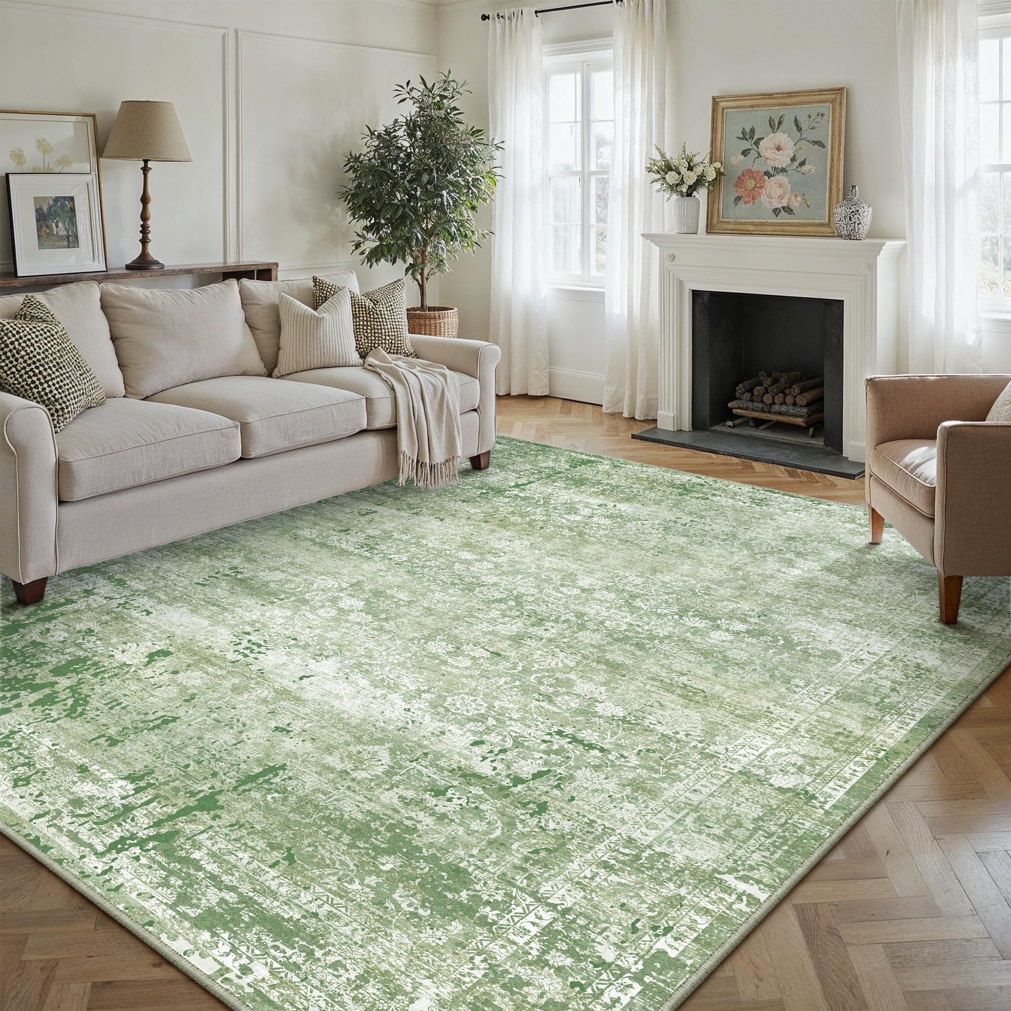 8x10 Washable Area Rug Green Sage Modren Neutral Living Room Bedroom Indoor