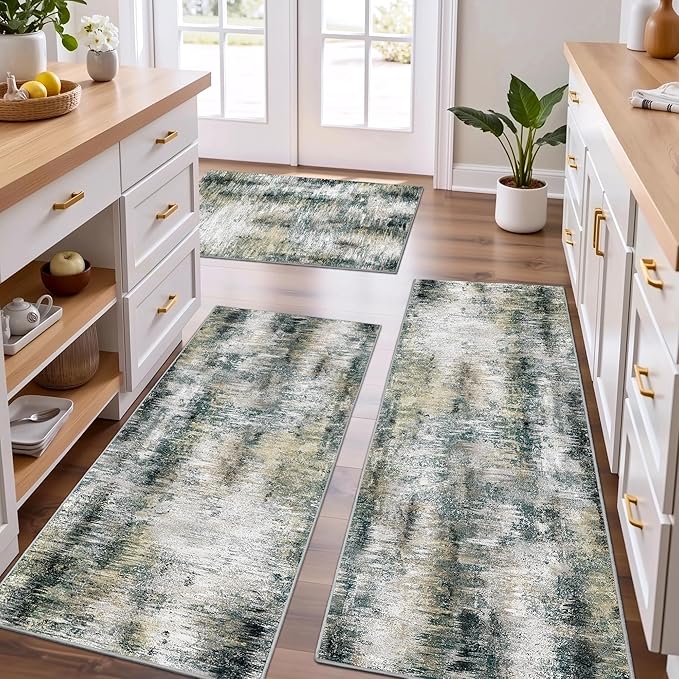 100% Non Slip Kitchen Rugs Sets of 3 Washable Kitchen Mats for Floor Abstract Kitchen