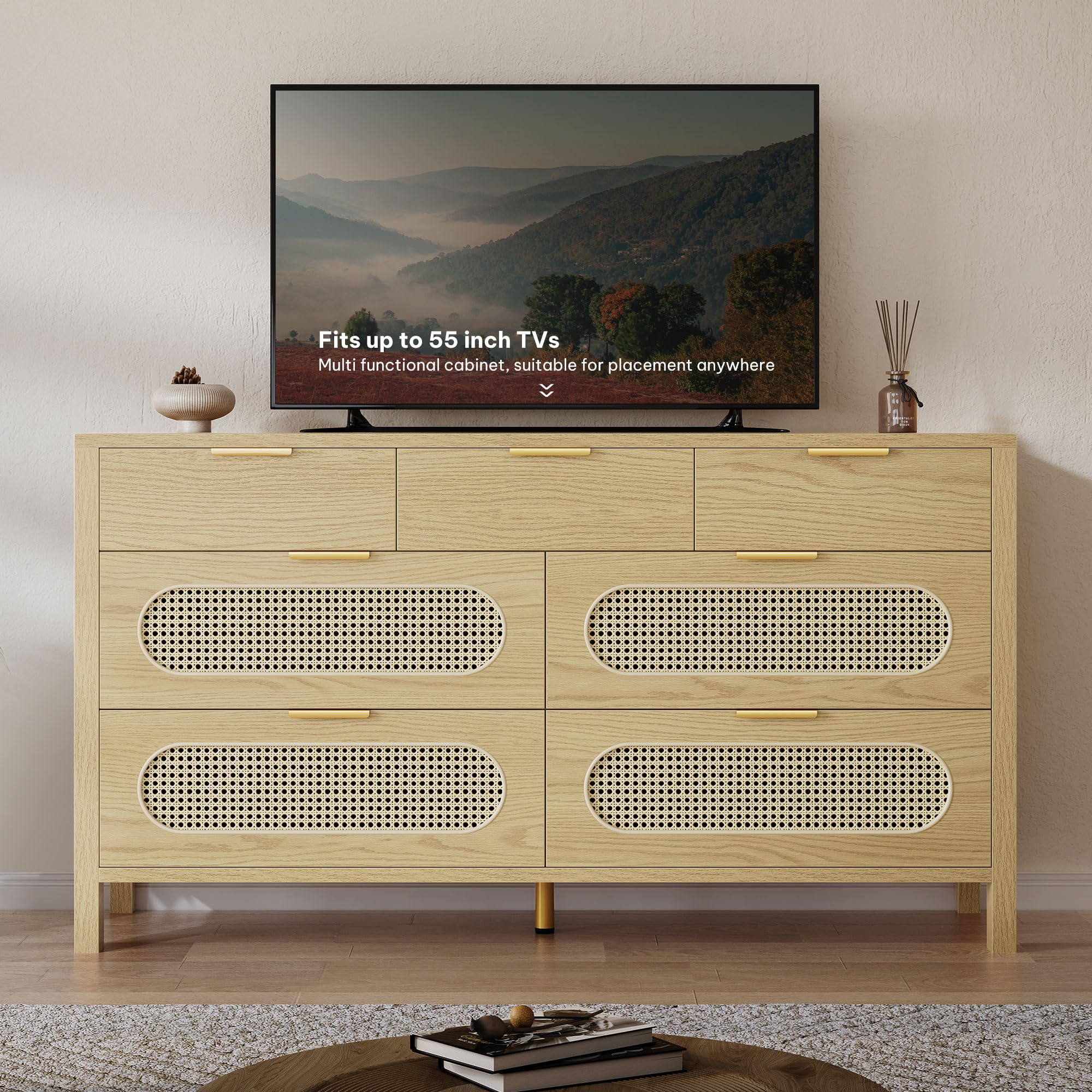 Natural Rattan 7 Drawer Dressers - Oak Wooden Dresser Chest of Drawers