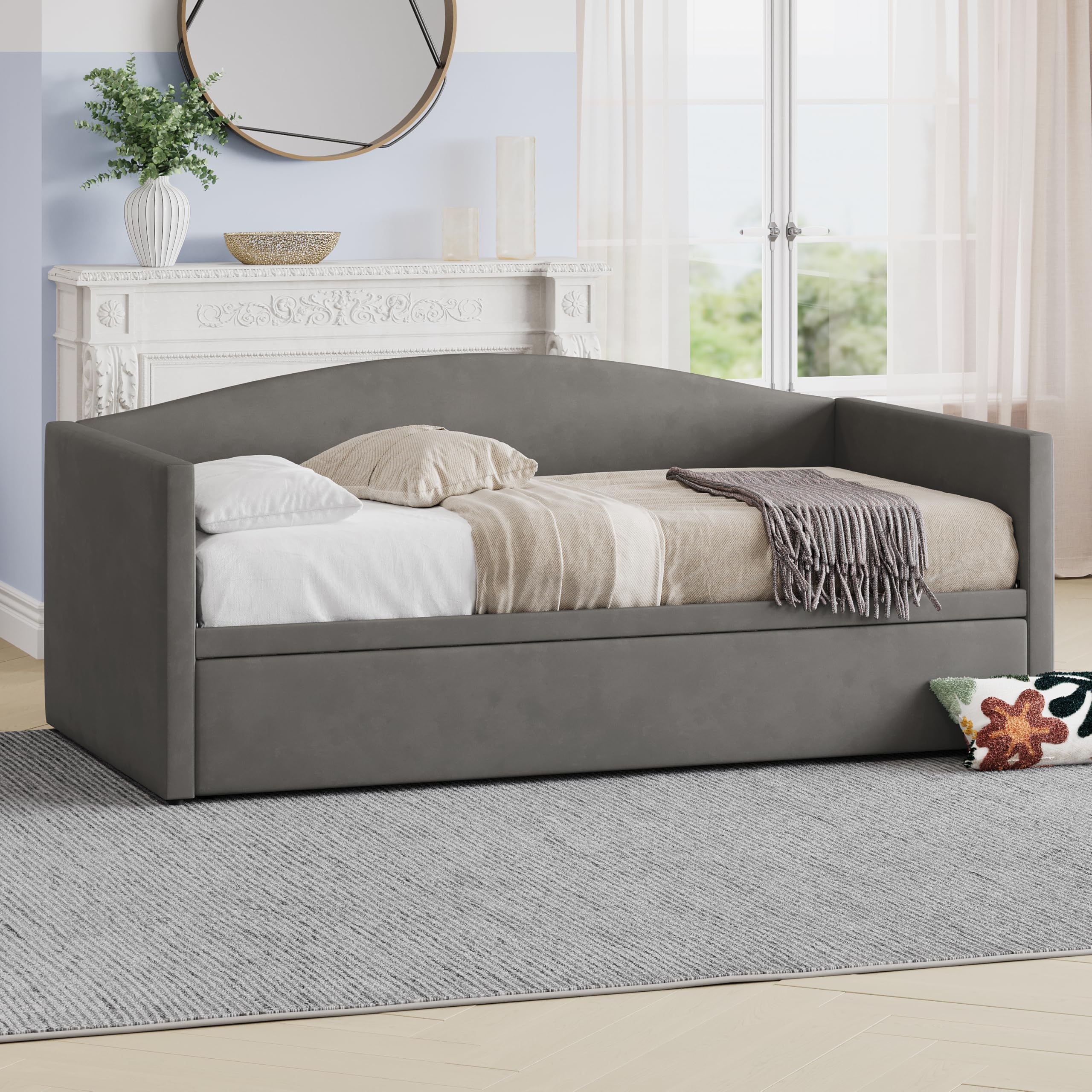 Velvet Daybed with Extended Pop Up Trundle, Upholstered Sofa Bed Daybed