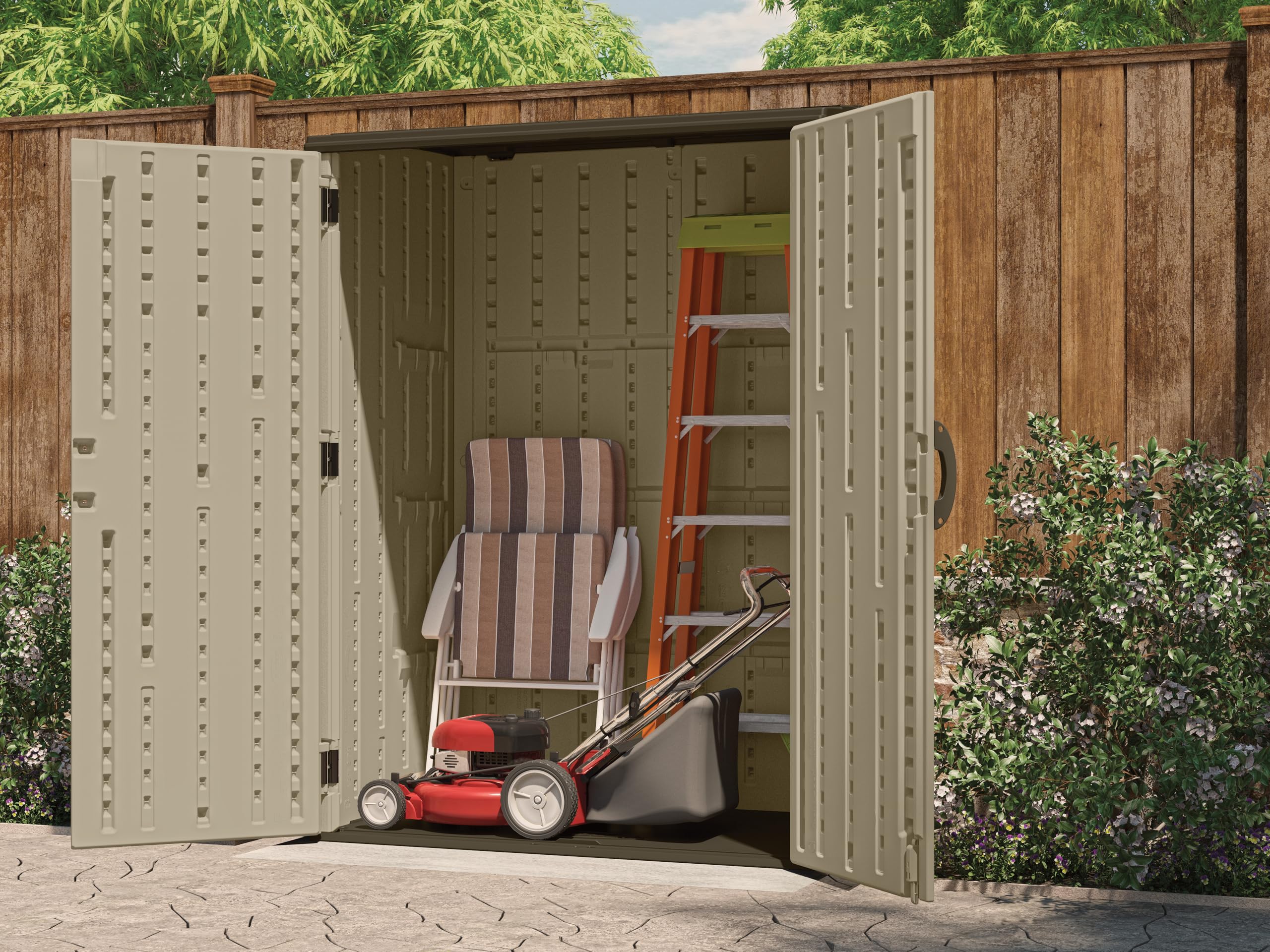 54 Cubic Feet Vertical Storage Shed with Durable Plastic Construction