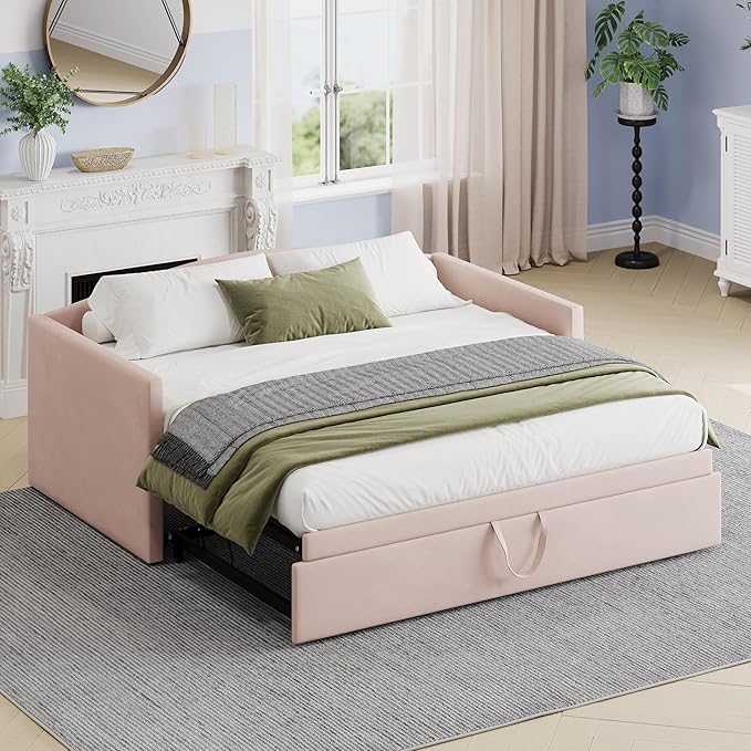 Velvet Daybed with Extended Pop Up Trundle, Upholstered Sofa Bed Daybed