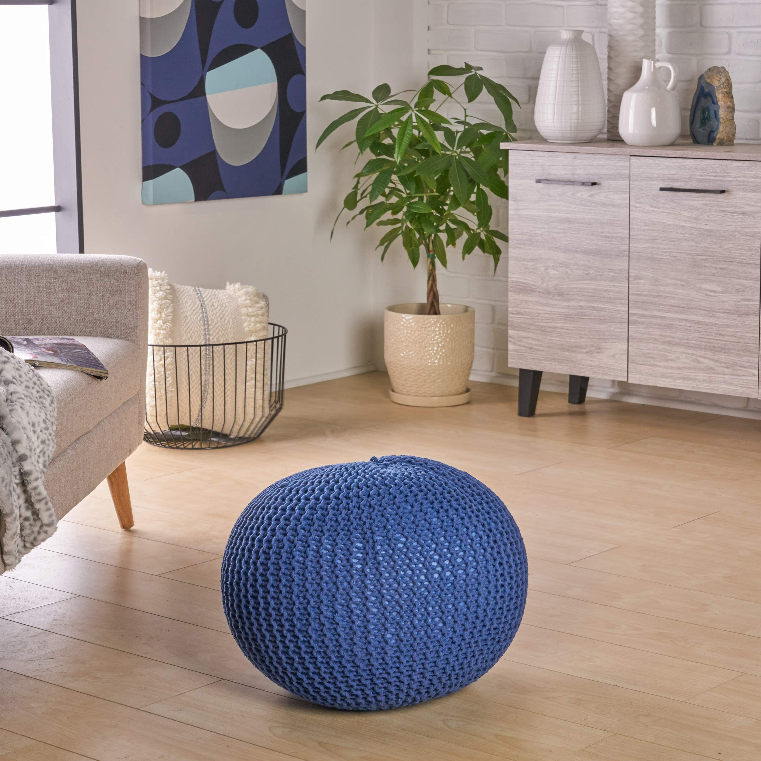 Belle Knitted Cotton Pouf, Navy,Ottomans and Poufs