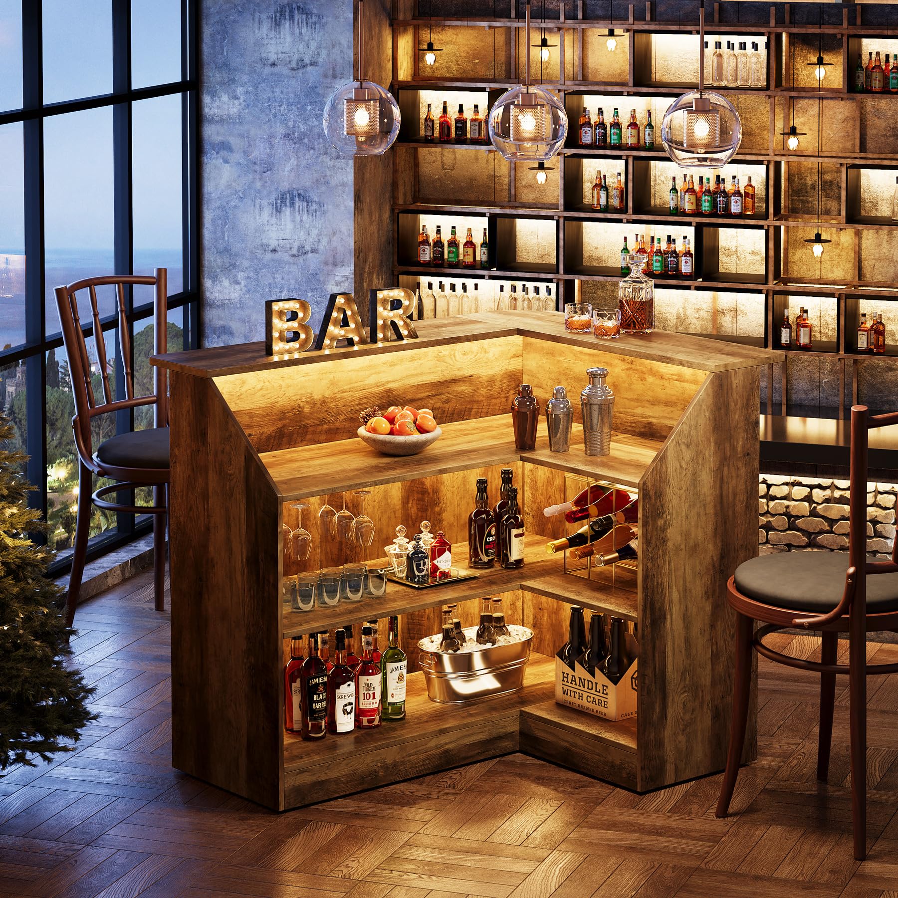 Bar Cabinet, L-Shaped Home Bar Table with Stemware Racks, 4-Tier Corner Bar