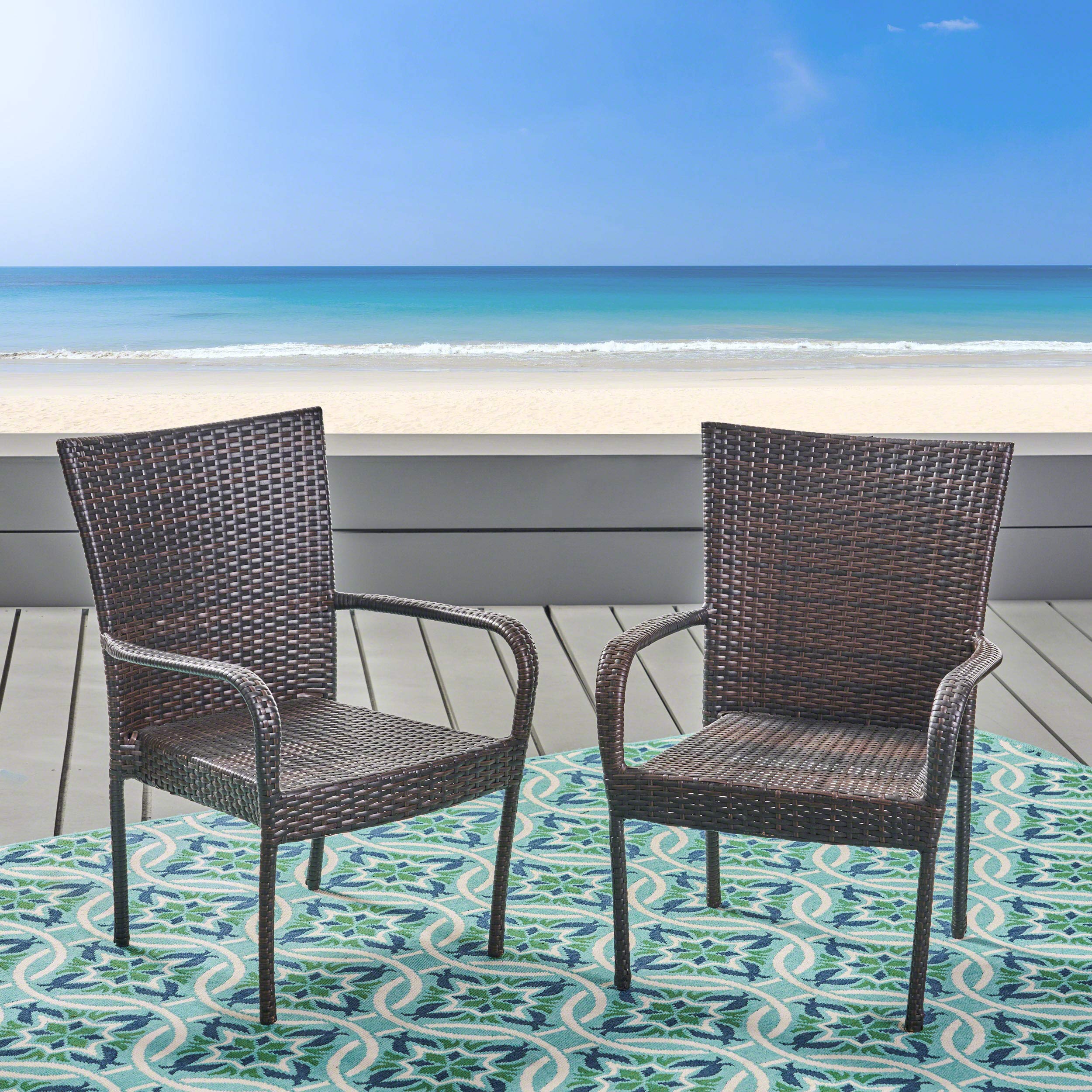 Set of 2 Stackable Outdoor Brown Wicker Dining Chairs