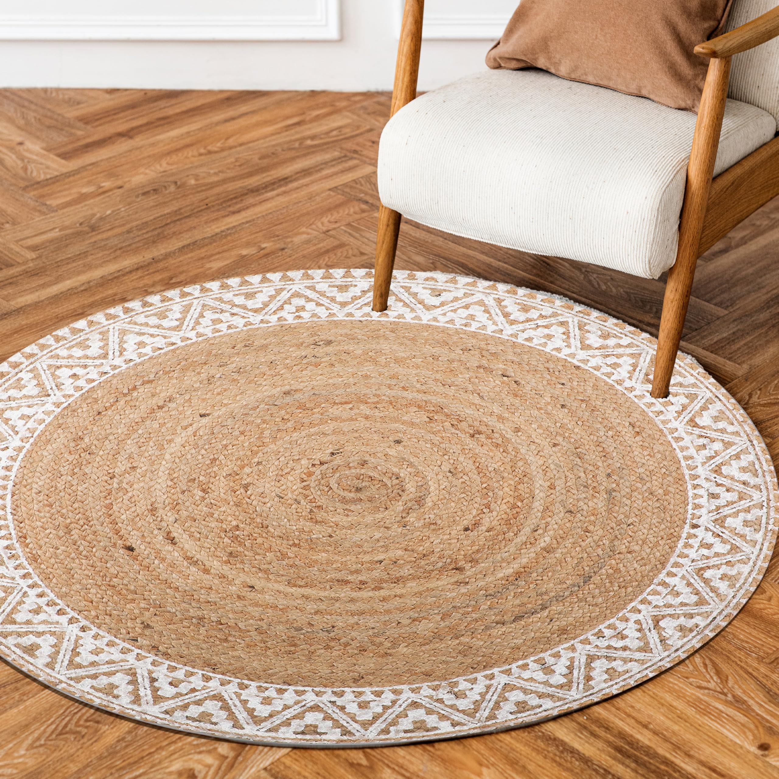 Premium Quality Jute Braided Area Rug, 5-feet Round, White Printed Border