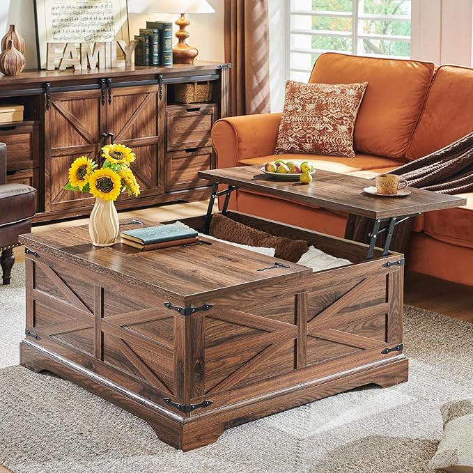 Farmhouse Lift Top Coffee Table with Storage, 36" Wood Square Center Table