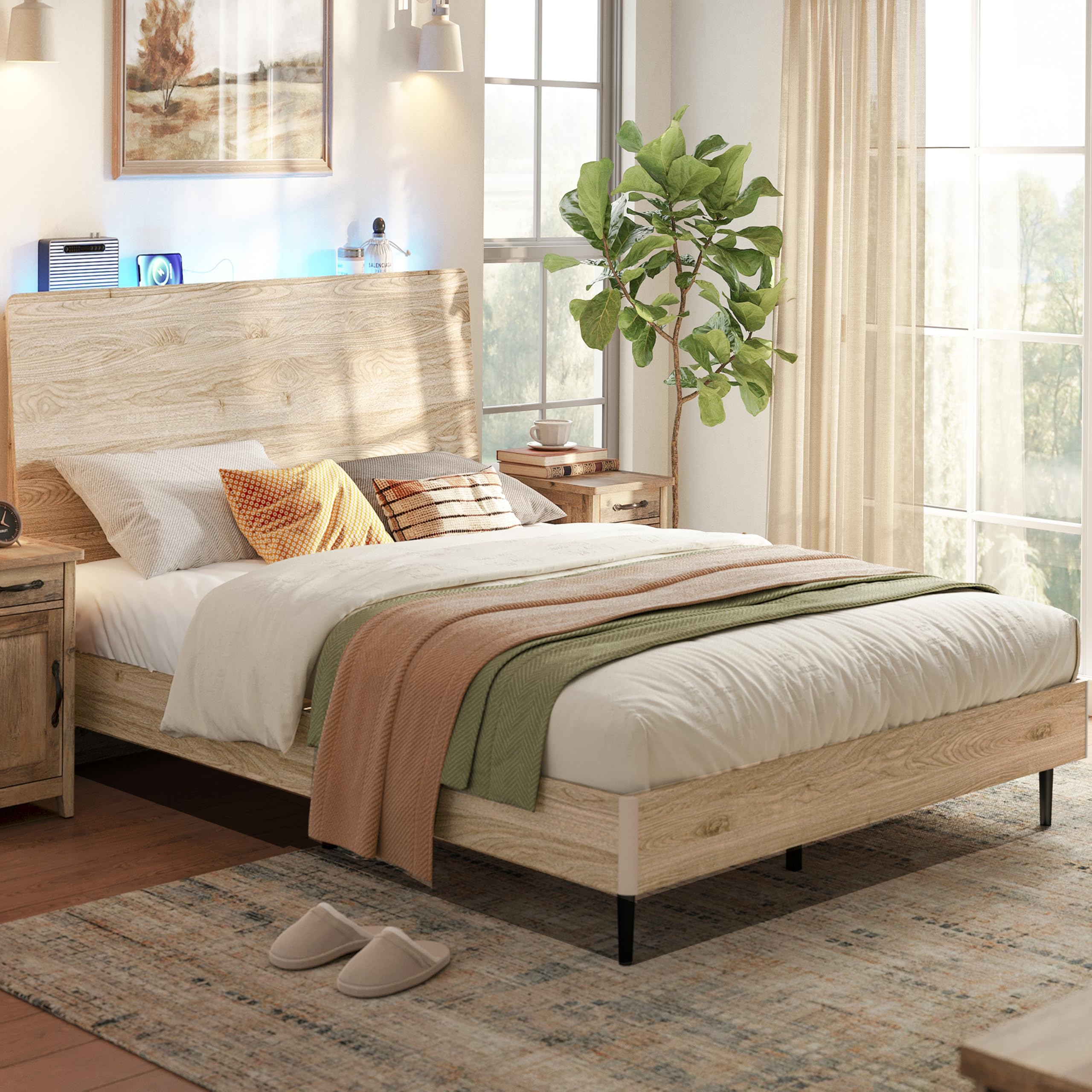 Wood Bed Frame, Full Bed Frame with Headboard LED, Wooden Platform Frames