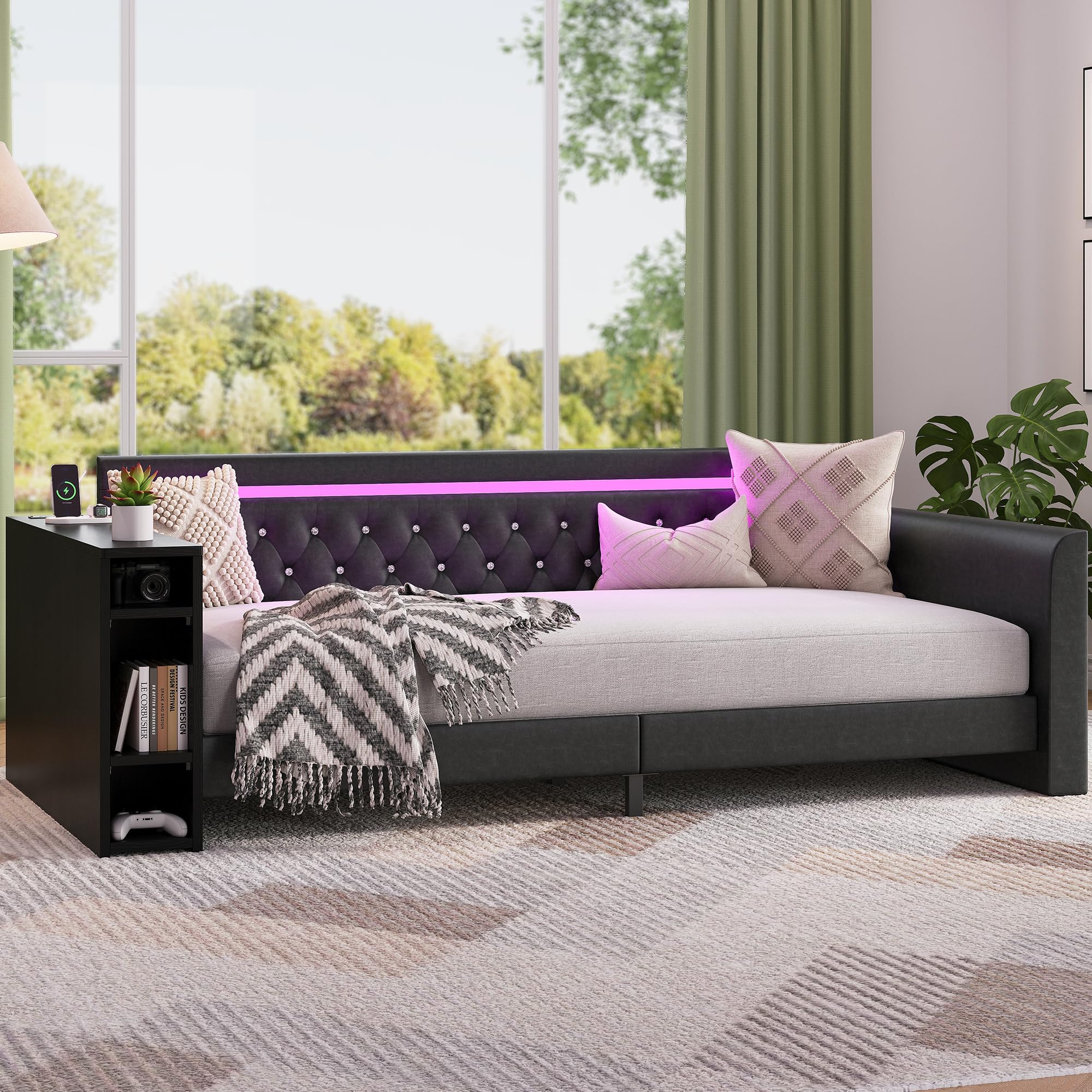 Daybed with Storage, Twin Day Bed Frame with Charging Station & LED, Sofa Bed