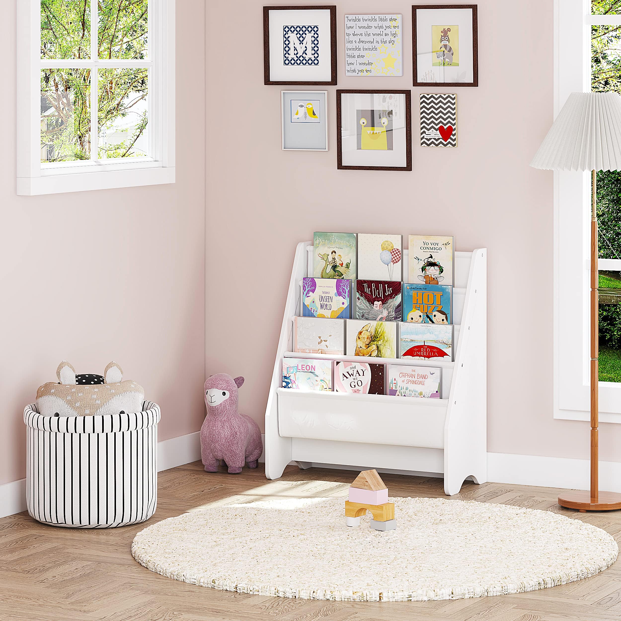 Bookshelf Storage, Book Shelf for Kids Rooms, 4 Tier Sling Toddler Bookshelf