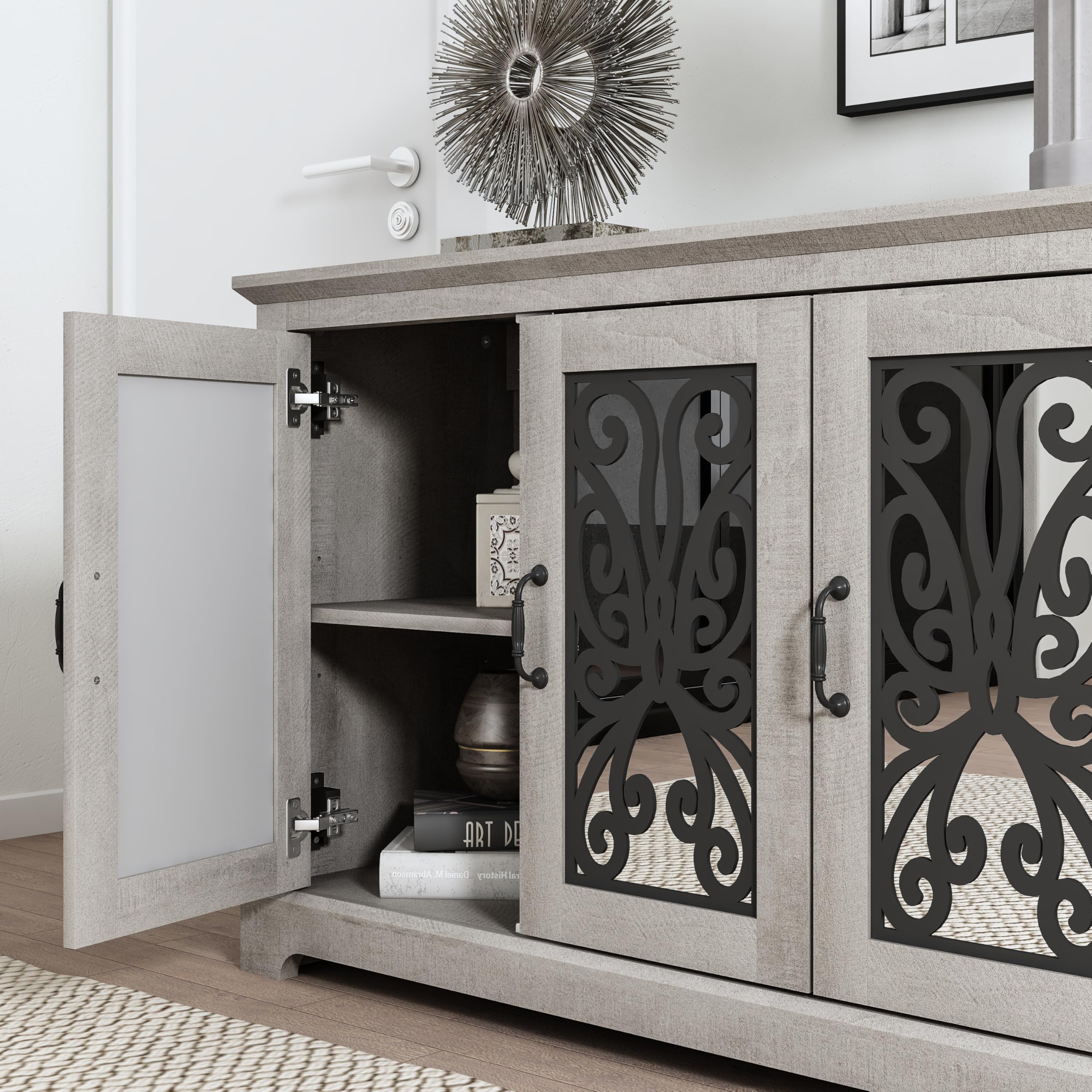 Sideboard Storage Cabinet, Wood Accent Buffet Cabinet with 3 Doors & Adjustable Shelves