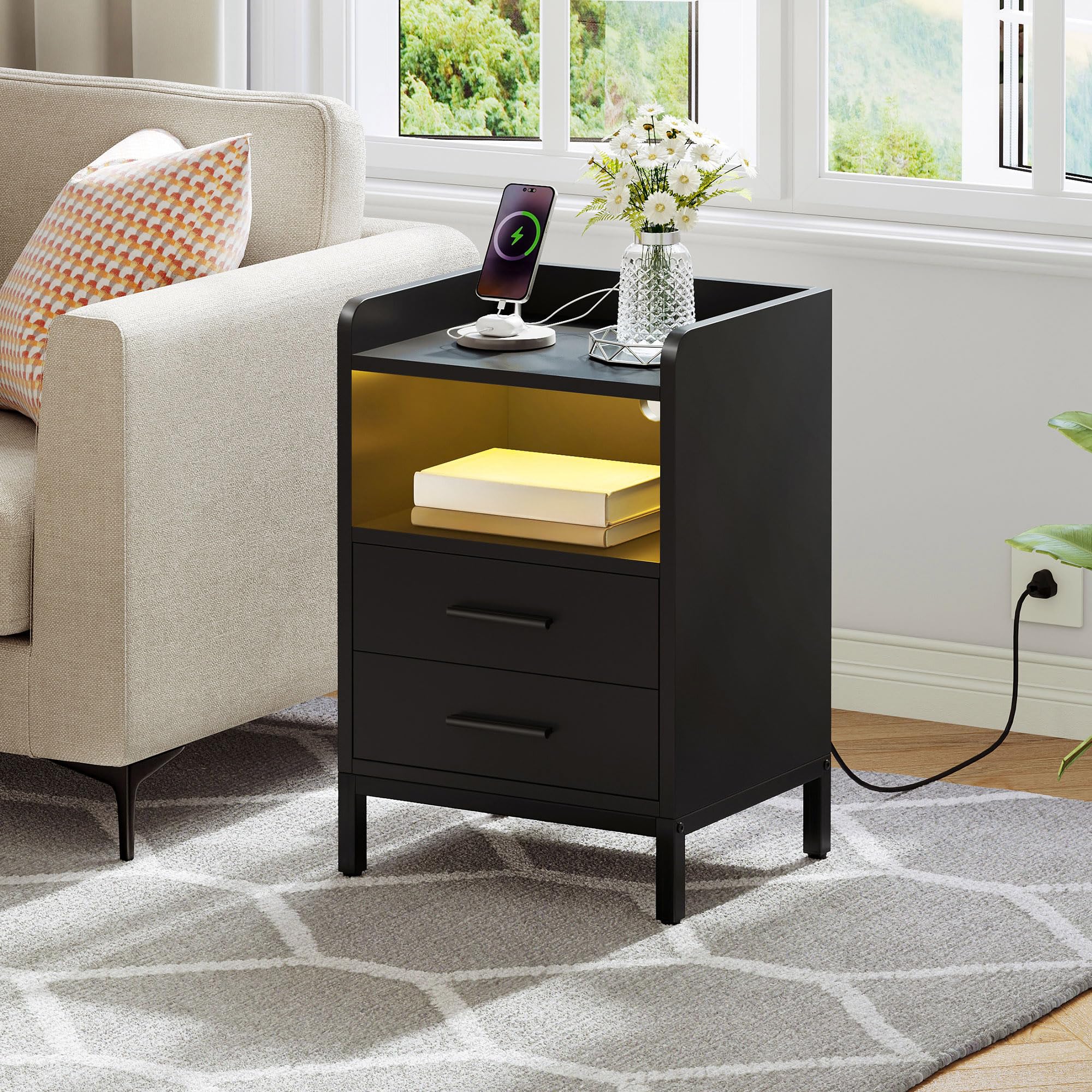 Nightstand with Charging Station and LED Lights, End Side Table