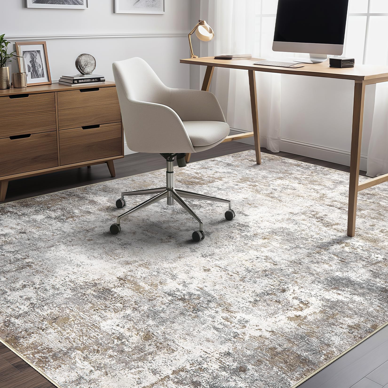 9x12 Area Rug Living Room Rugs - Washable Neutral Modern Abstract Soft Thin Large Rug