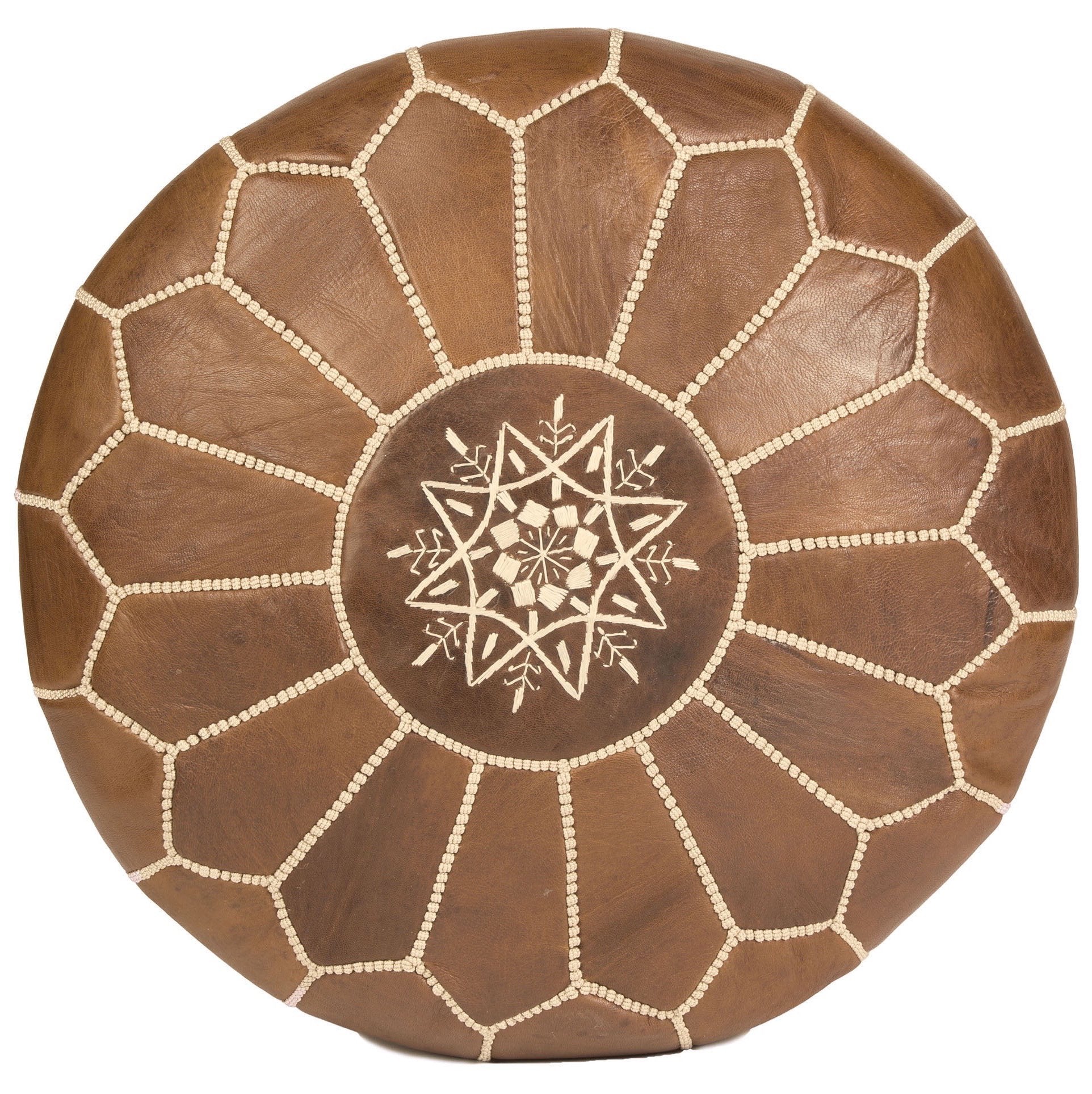 Premium Stuffed Leather Pouf Ottoman, Natural Brown, Tan