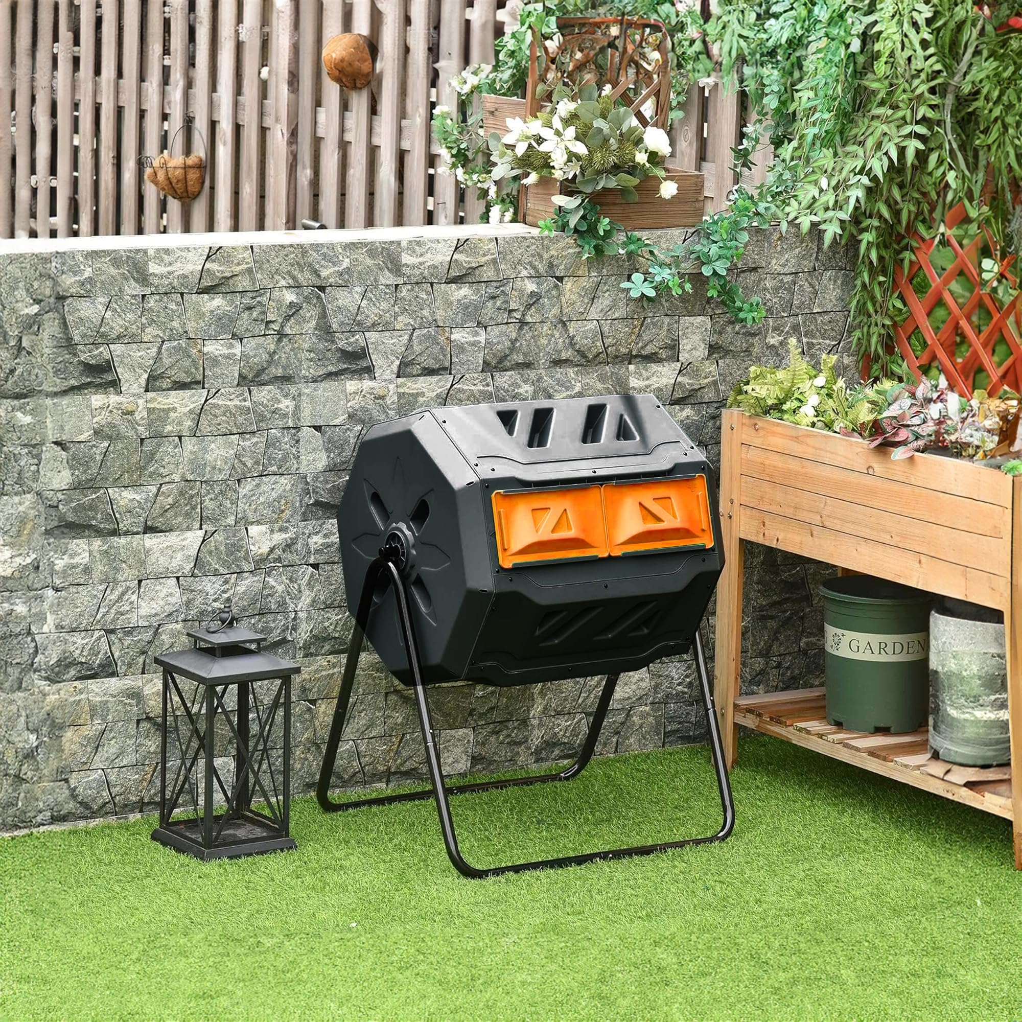 Compost Bin Outdoor, 43 Gallon Dual Chamber Tumbling Composting Bin with Sliding Doors