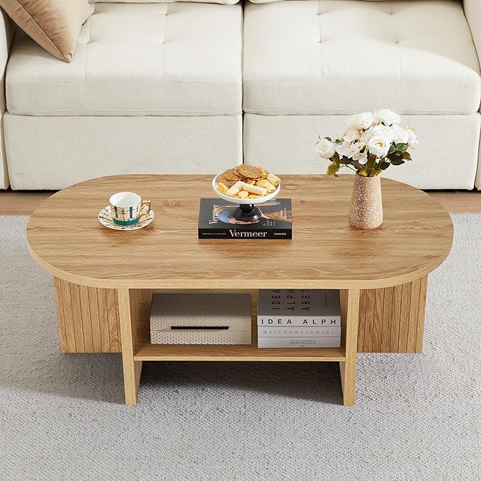 Wooden Fluted Lift Top Coffee Table with Hidden Compartment, Modern Rectangle Center