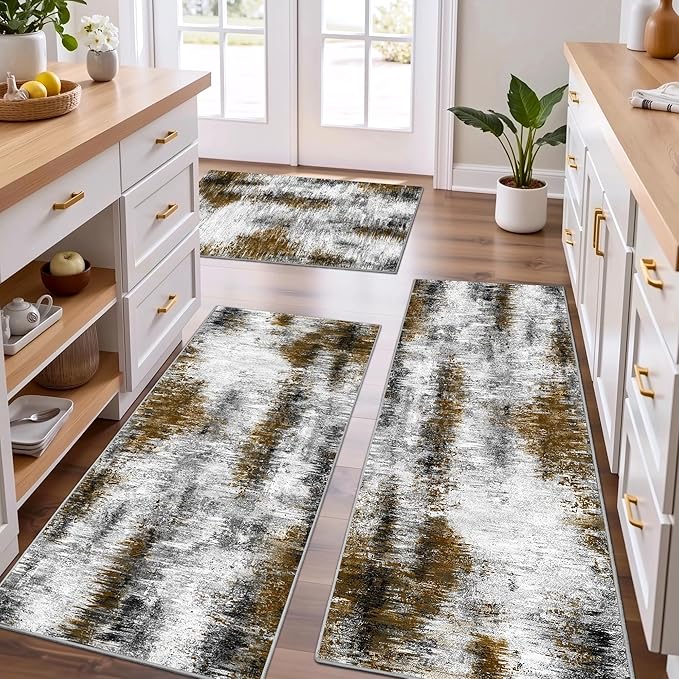 100% Non Slip Kitchen Rugs Sets of 3 Washable Kitchen Mats for Floor Abstract Kitchen