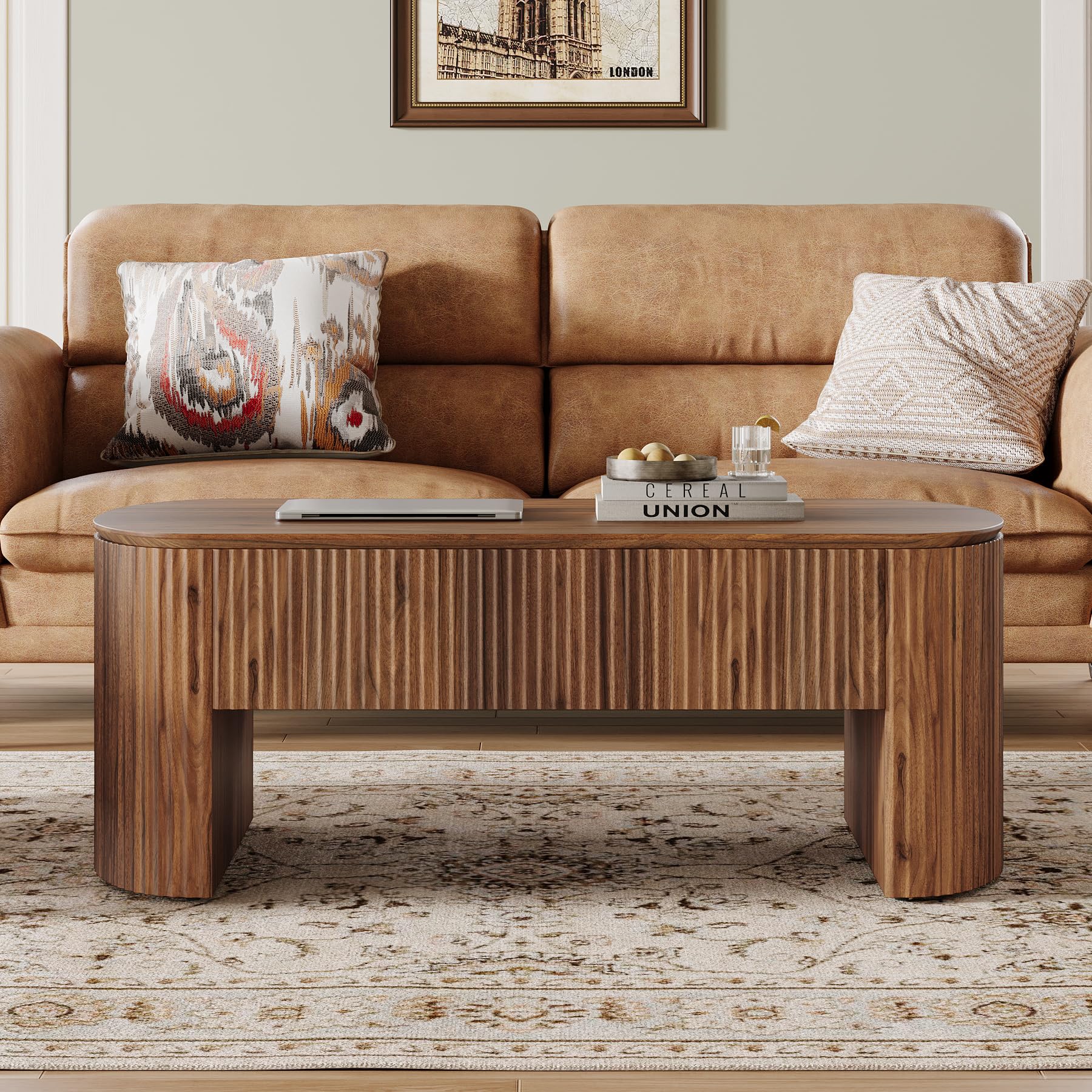 47-Inch Oval Lift Top Coffee Table with Storage Shelf for Living Room, Rustic Lift Up