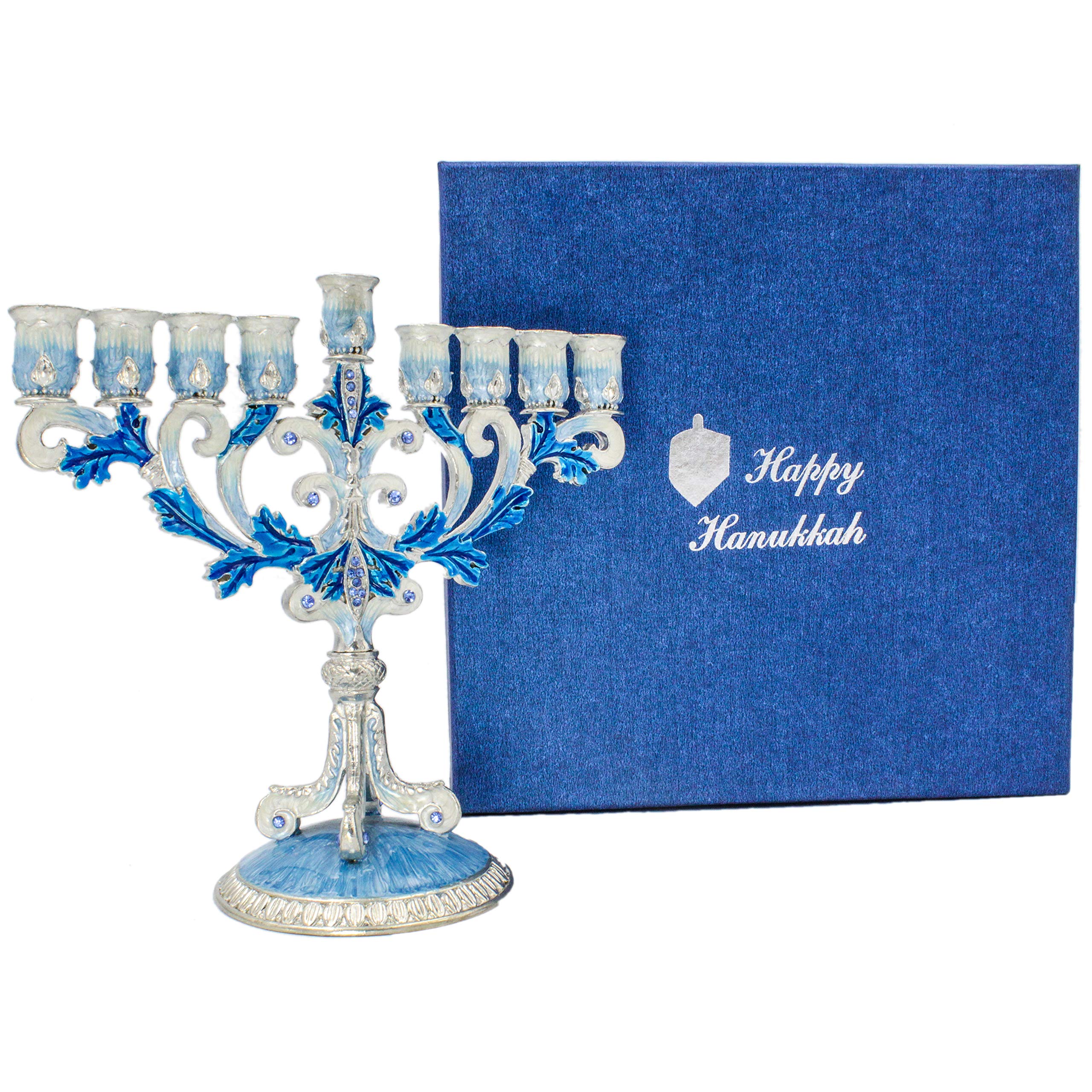 Enameled Metal Menorah with Jeweled Accents (Hand-Painted Enamel Menorah Blue/White/Silver)
