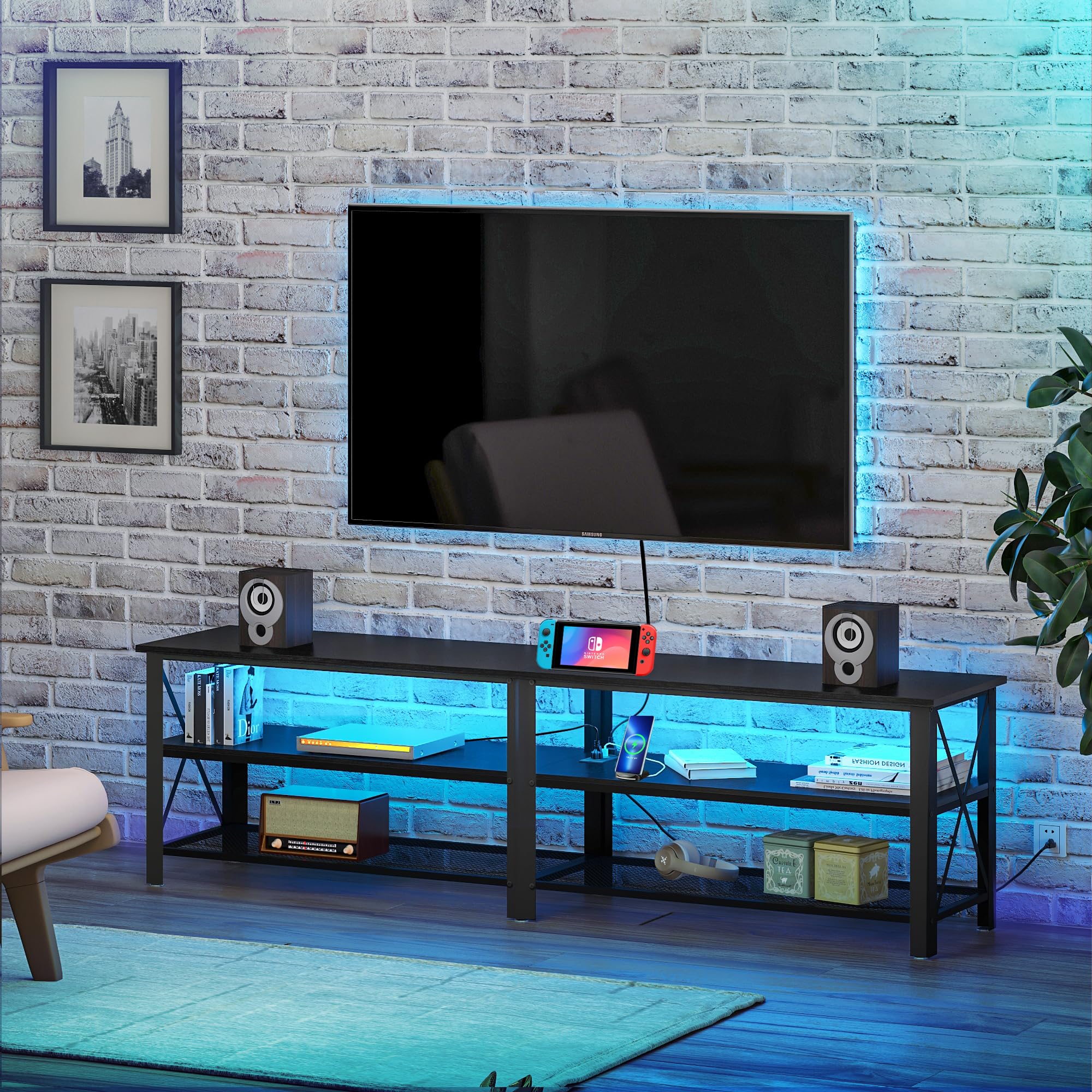 Modern Black 71 inch Metal TV Stand with LED Lights