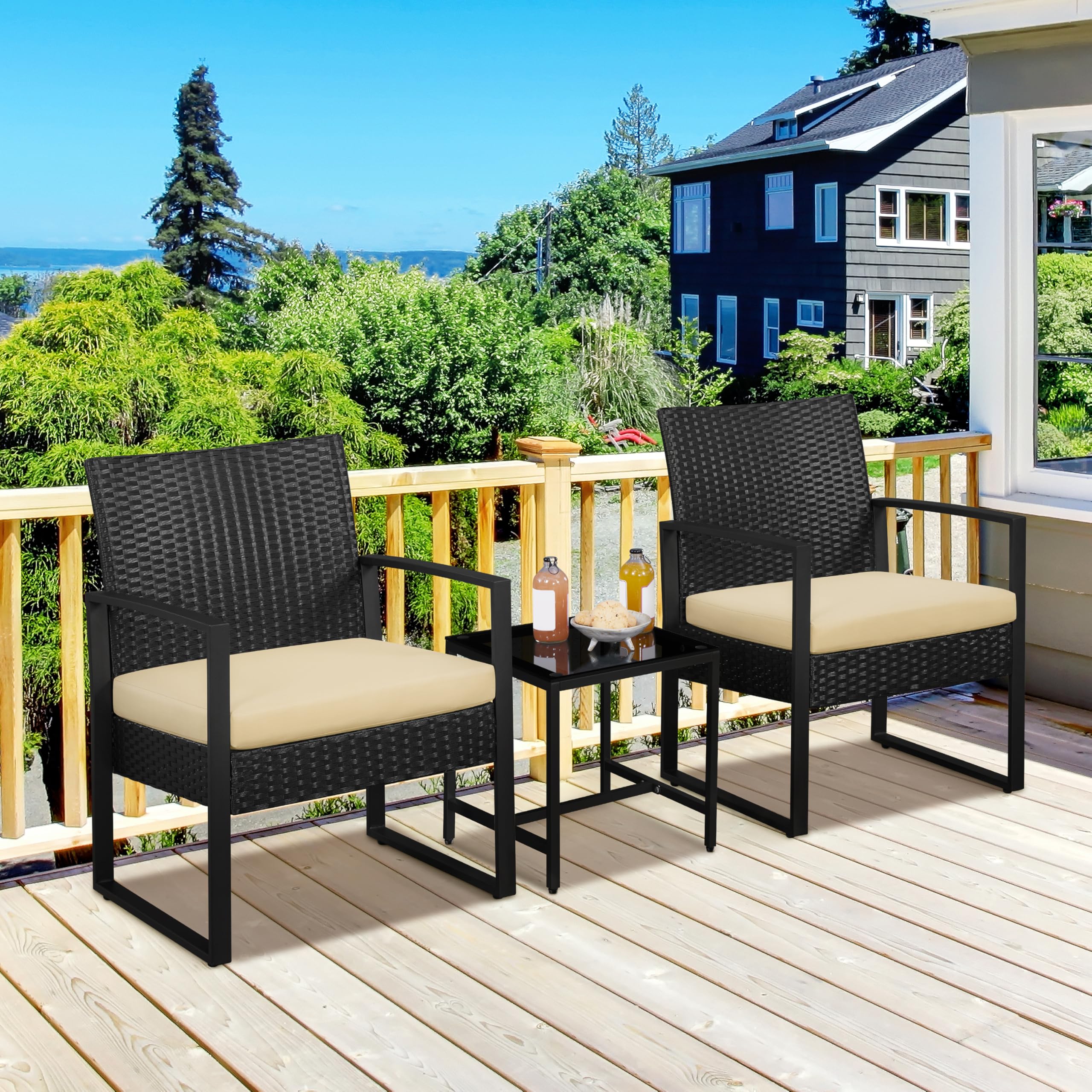 3 Pieces Rattan Bistro Set, Indoor/Outdoor Wicker Patio Modern Conversation Furniture