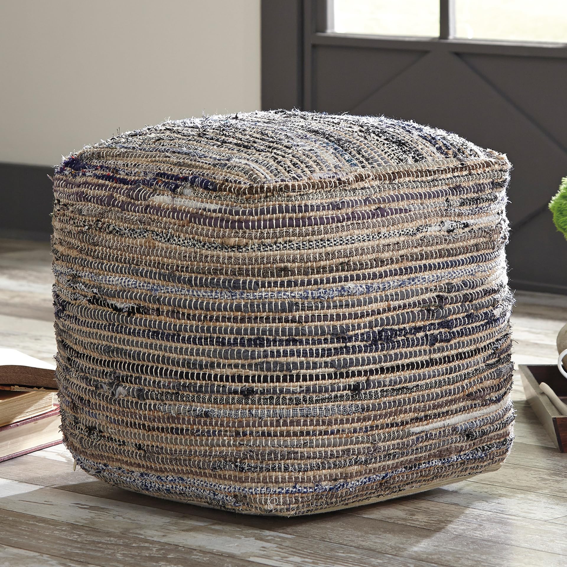 Absalom Hemp Pouf, 16 x 16 Inches, Multicolored,Ottomans and Poufs