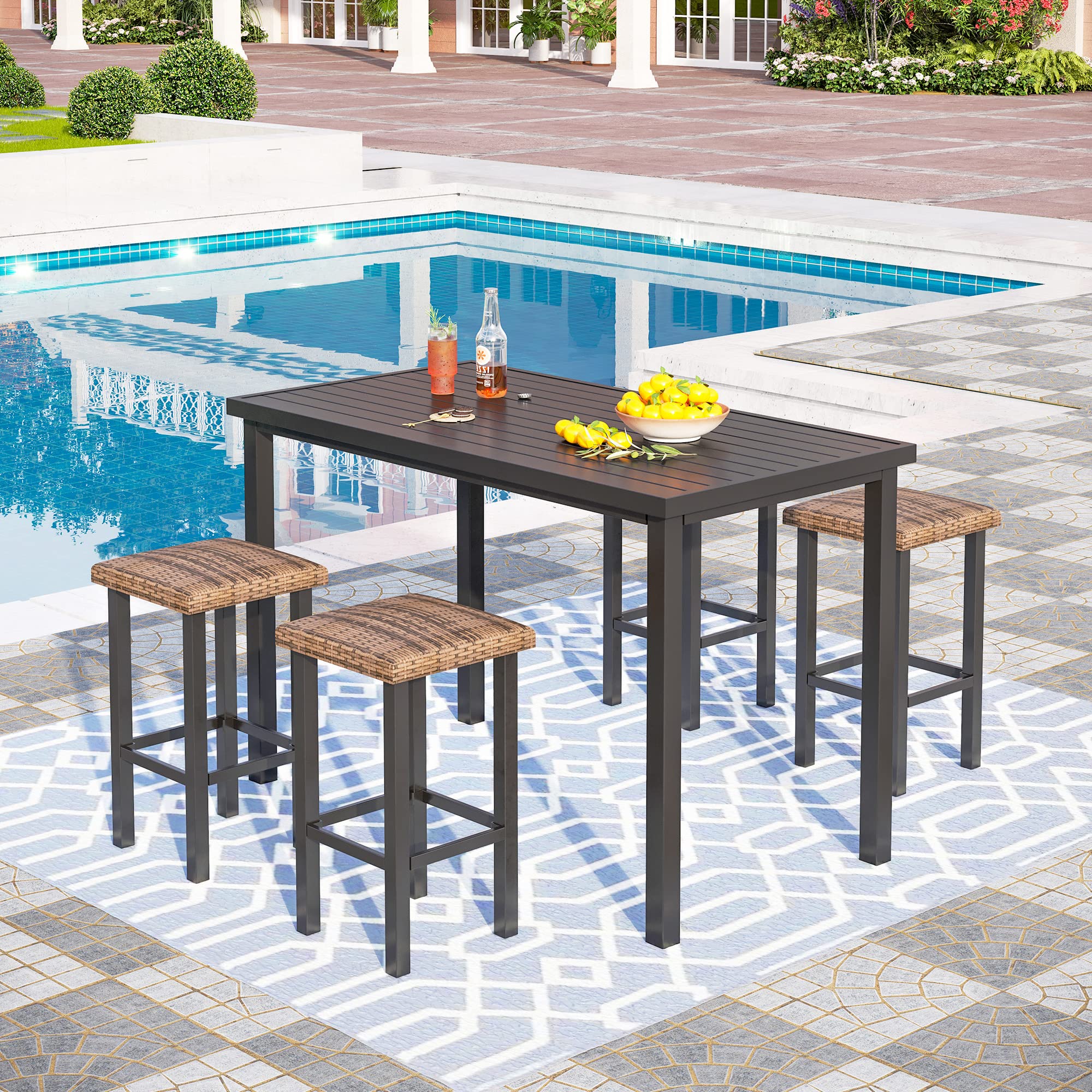 Outdoor Tall Bar Table, 55”x27” Counter Height Dining Table with Wood-Like Metal