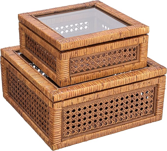 Modern Decorative Rectangle Woven Rattan and Wood Display Boxes